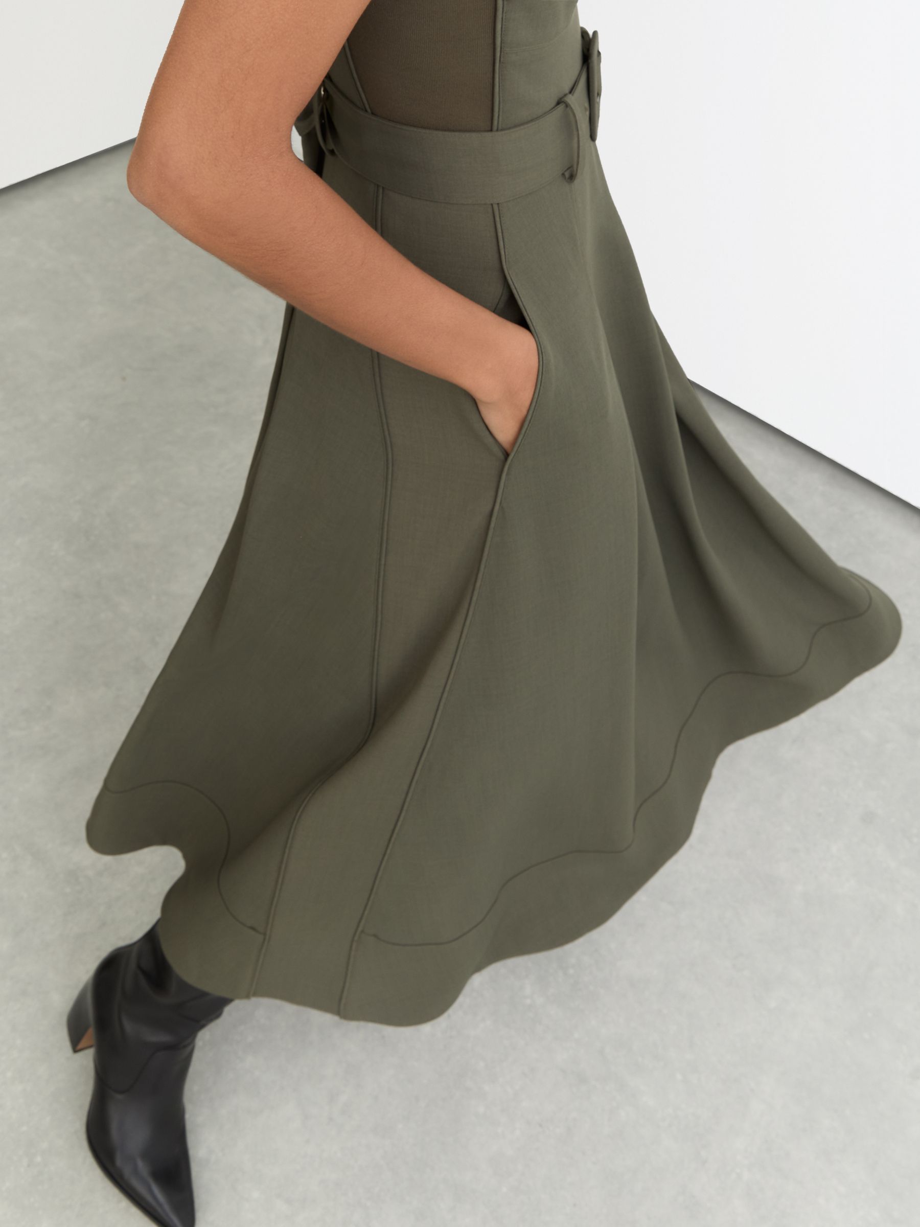 Mesh-Panel Belted Pleated Midi Dress in Khaki Green - image 5
