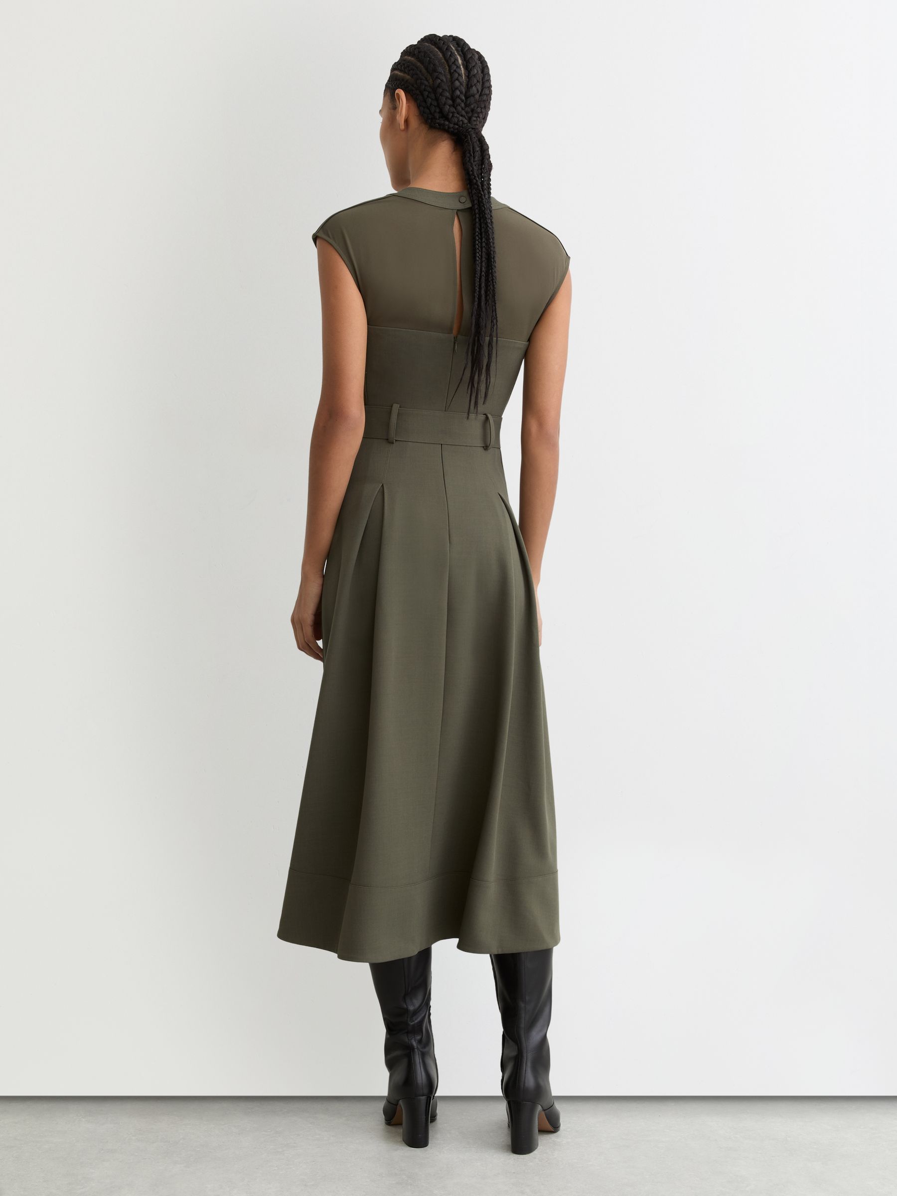 Mesh-Panel Belted Pleated Midi Dress in Khaki Green - image 4