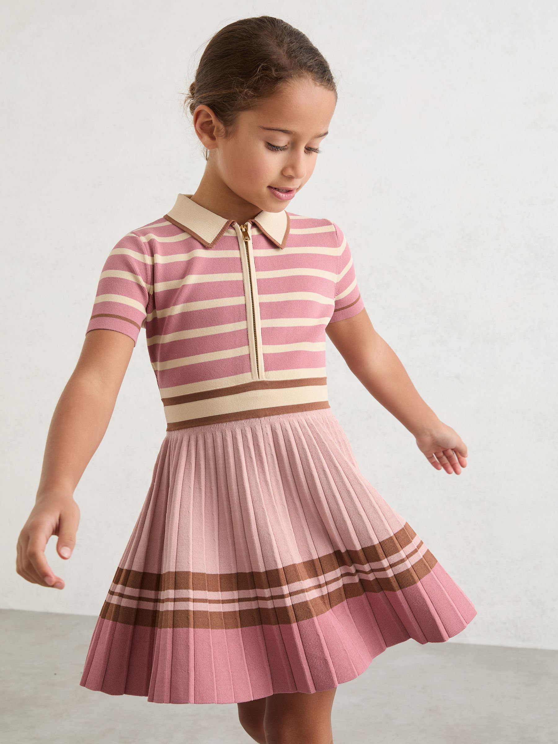 3-9 yrs Cotton Collared Stripe Knit Dress in Pink - Image 3 of 5