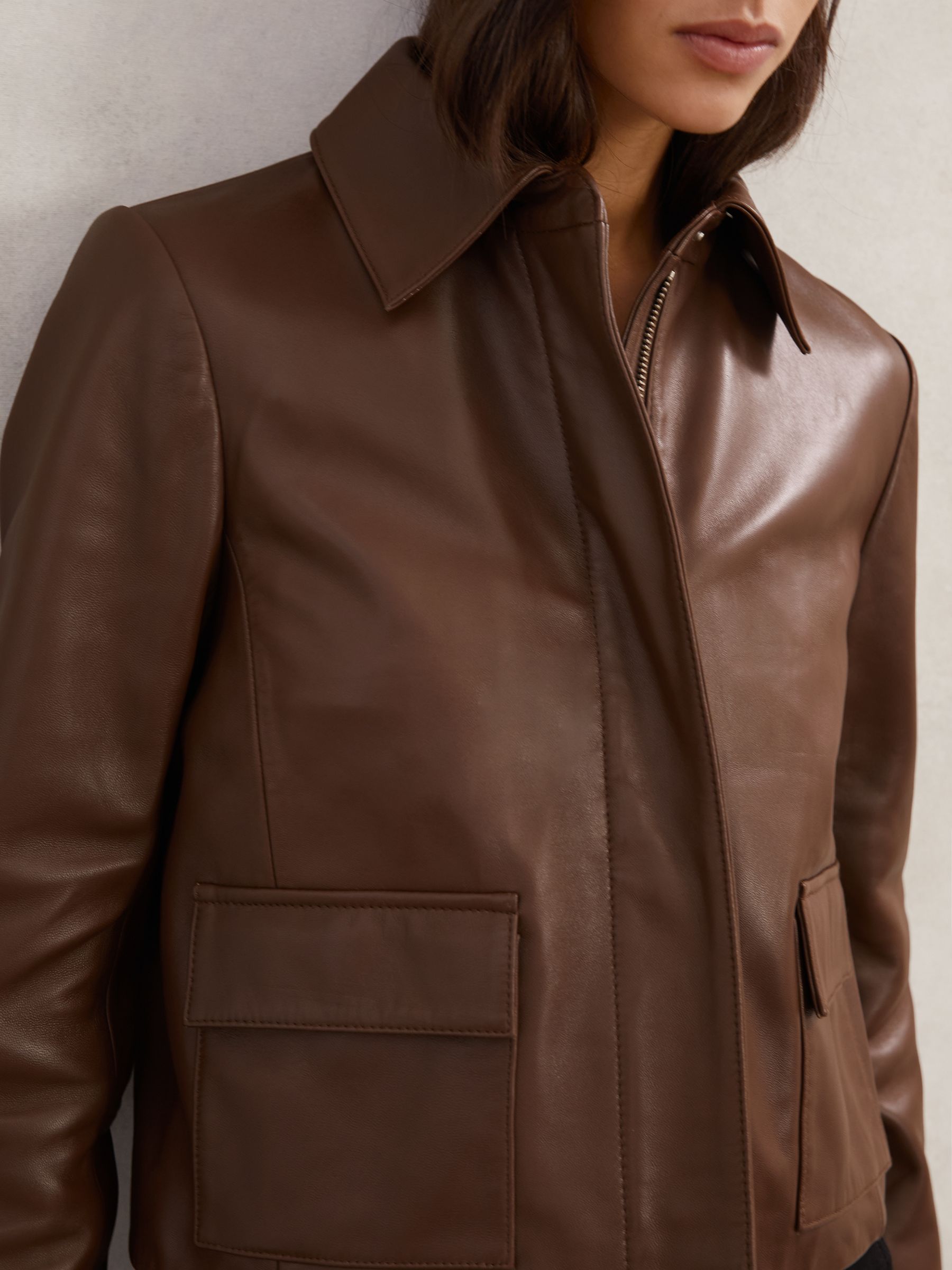 Collared Leather Jacket in Mocha Brown - image 5