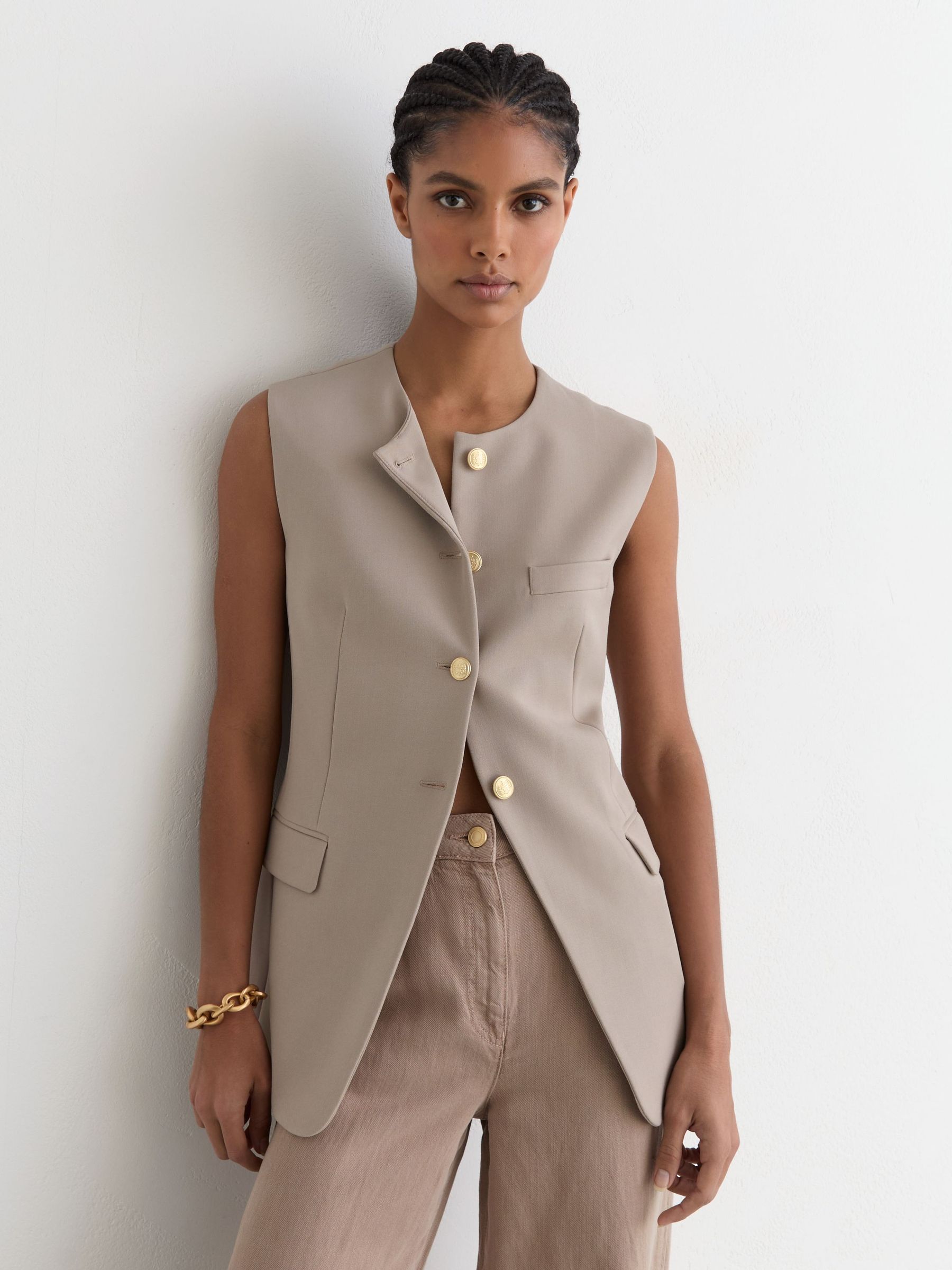 Button-Through Longline Waistcoat in Stone Neutral - image 2