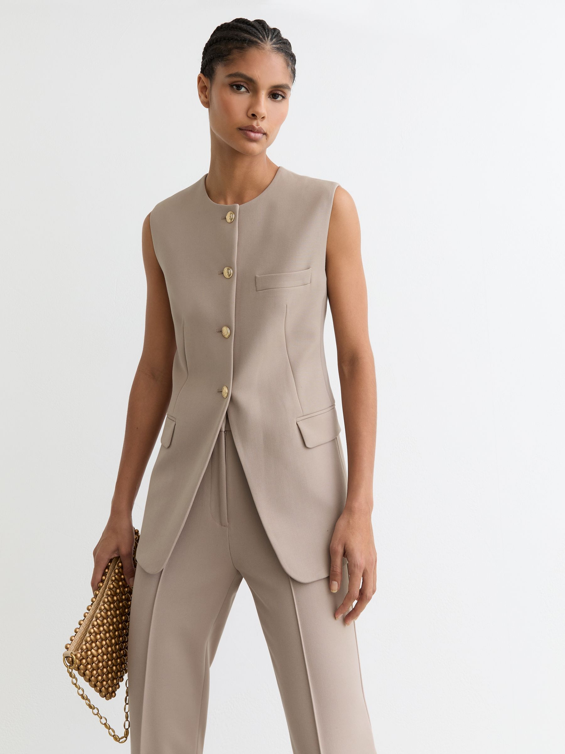 Button-Through Longline Waistcoat in Stone Neutral - Image 3 of 7
