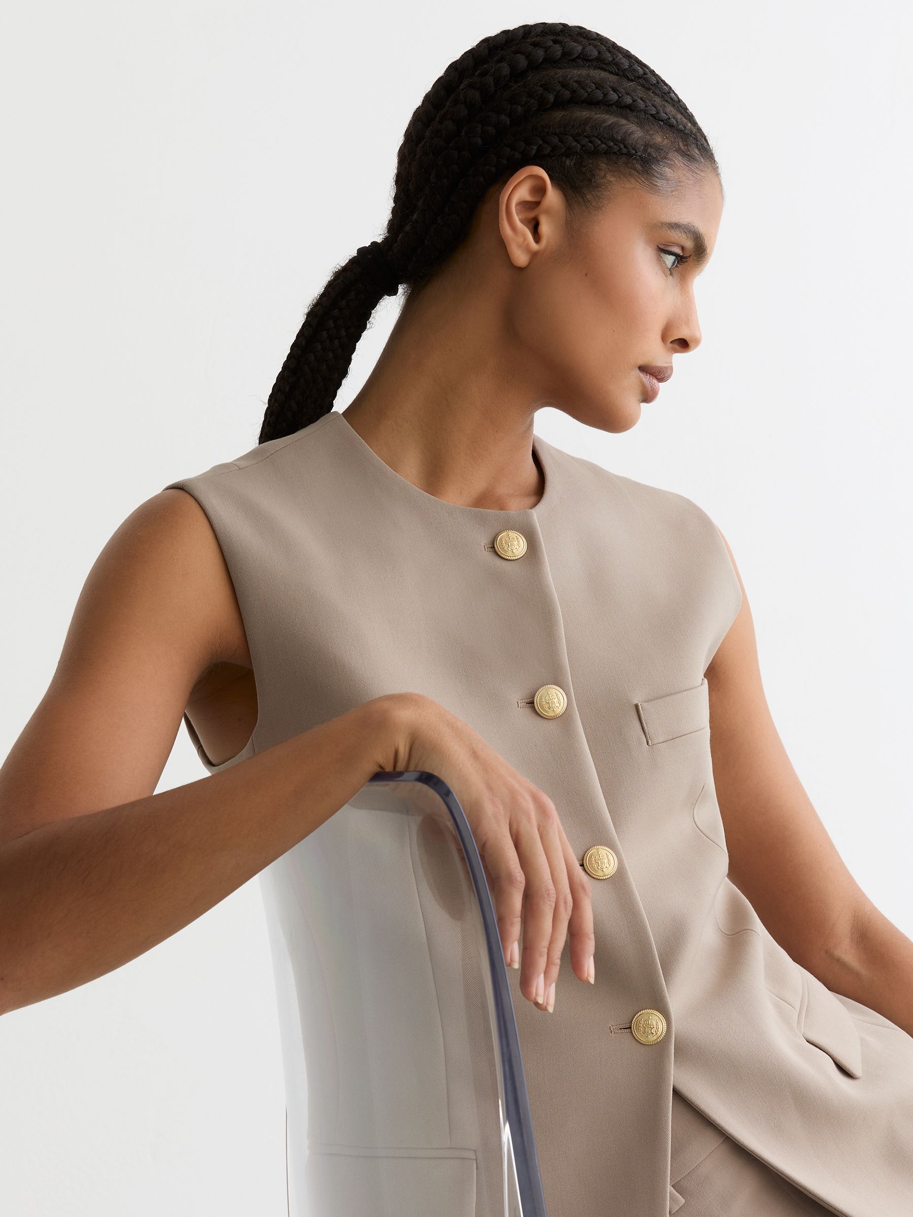 Button-Through Longline Waistcoat in Stone Neutral - Image 5 of 7