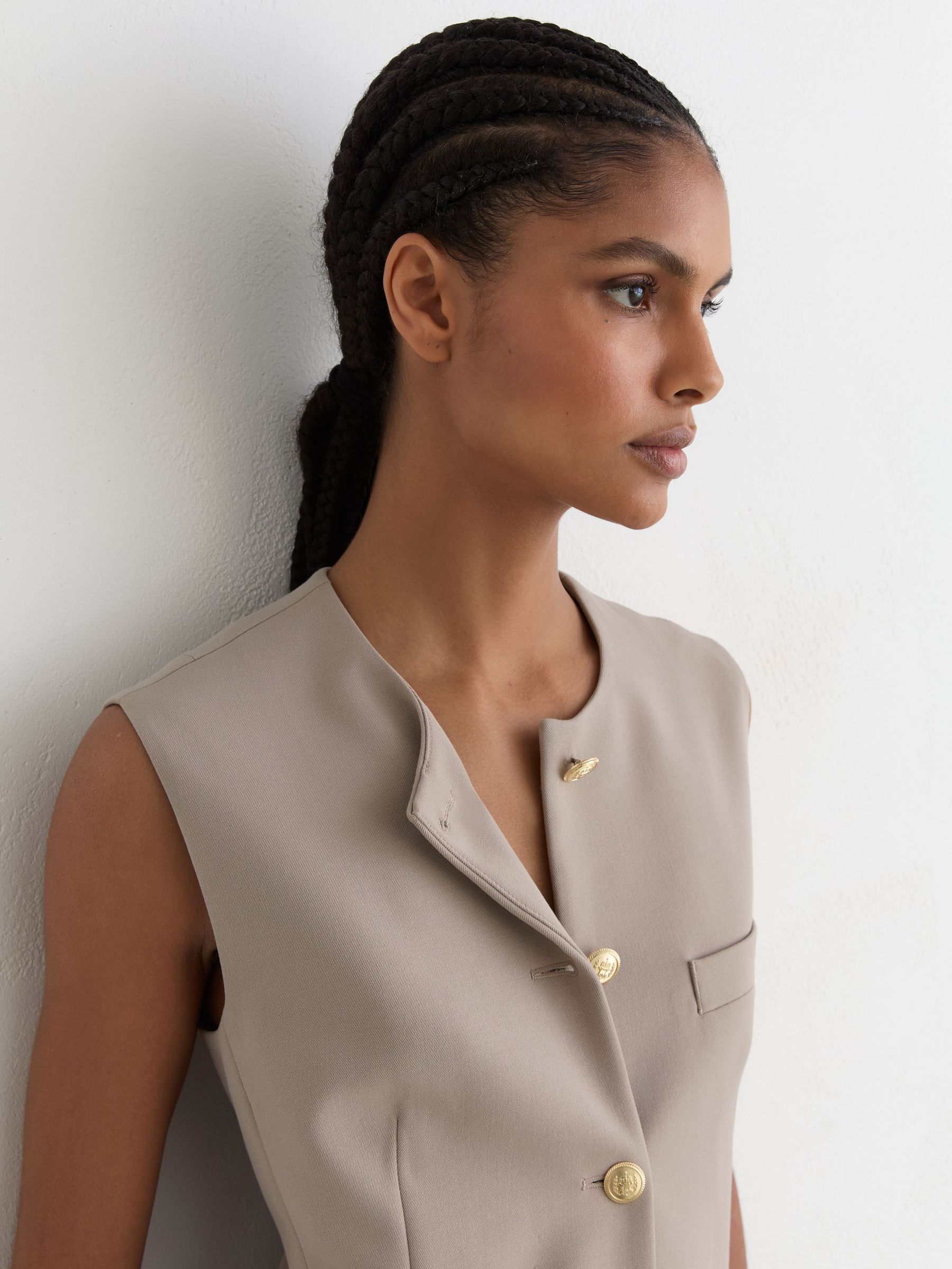 Button-Through Longline Waistcoat in Stone Neutral - image 3