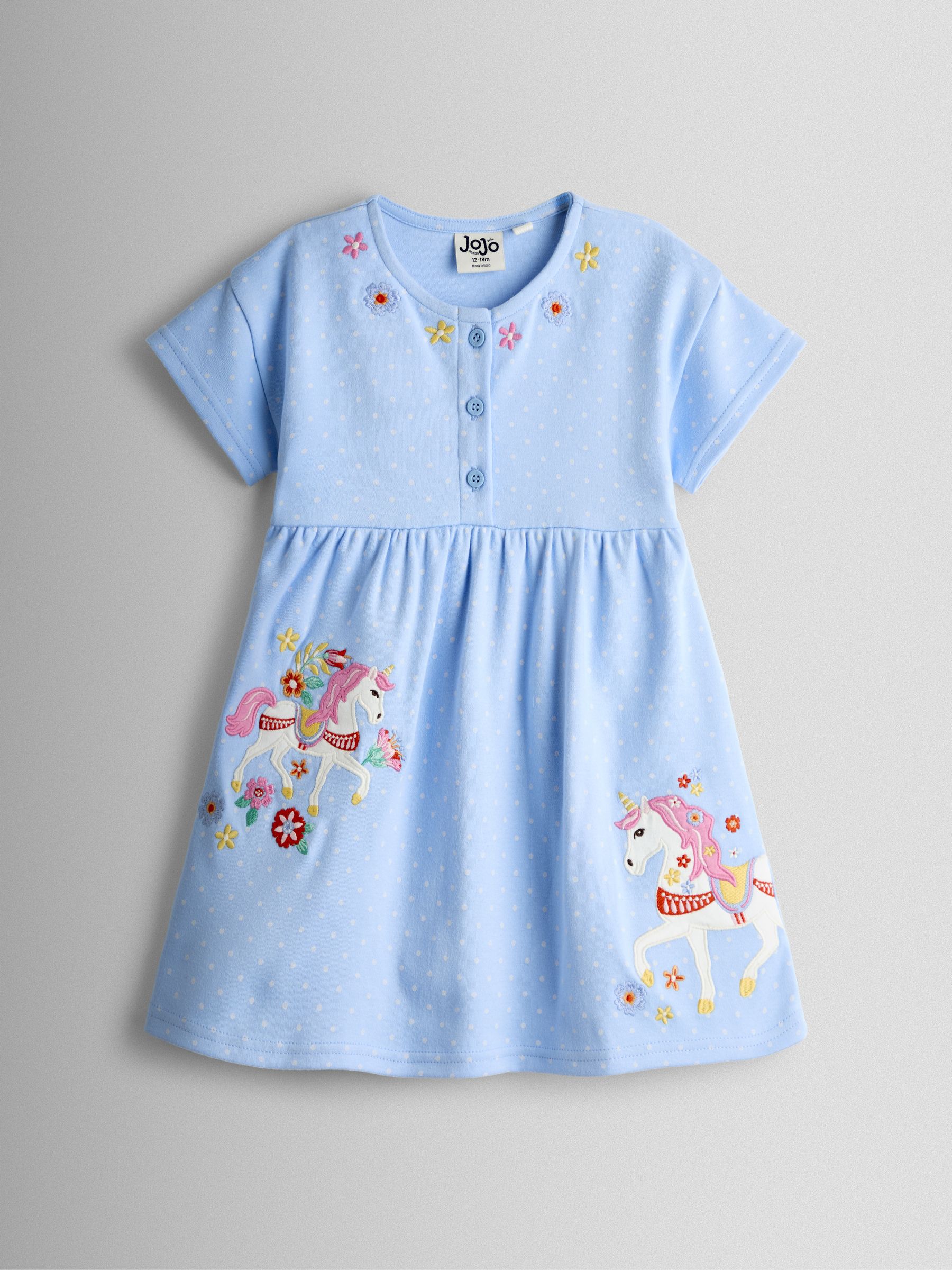 Cornflower Blue Unicorn Appliqué Drop Shoulder Button Front Dress - Image 1 of 3
