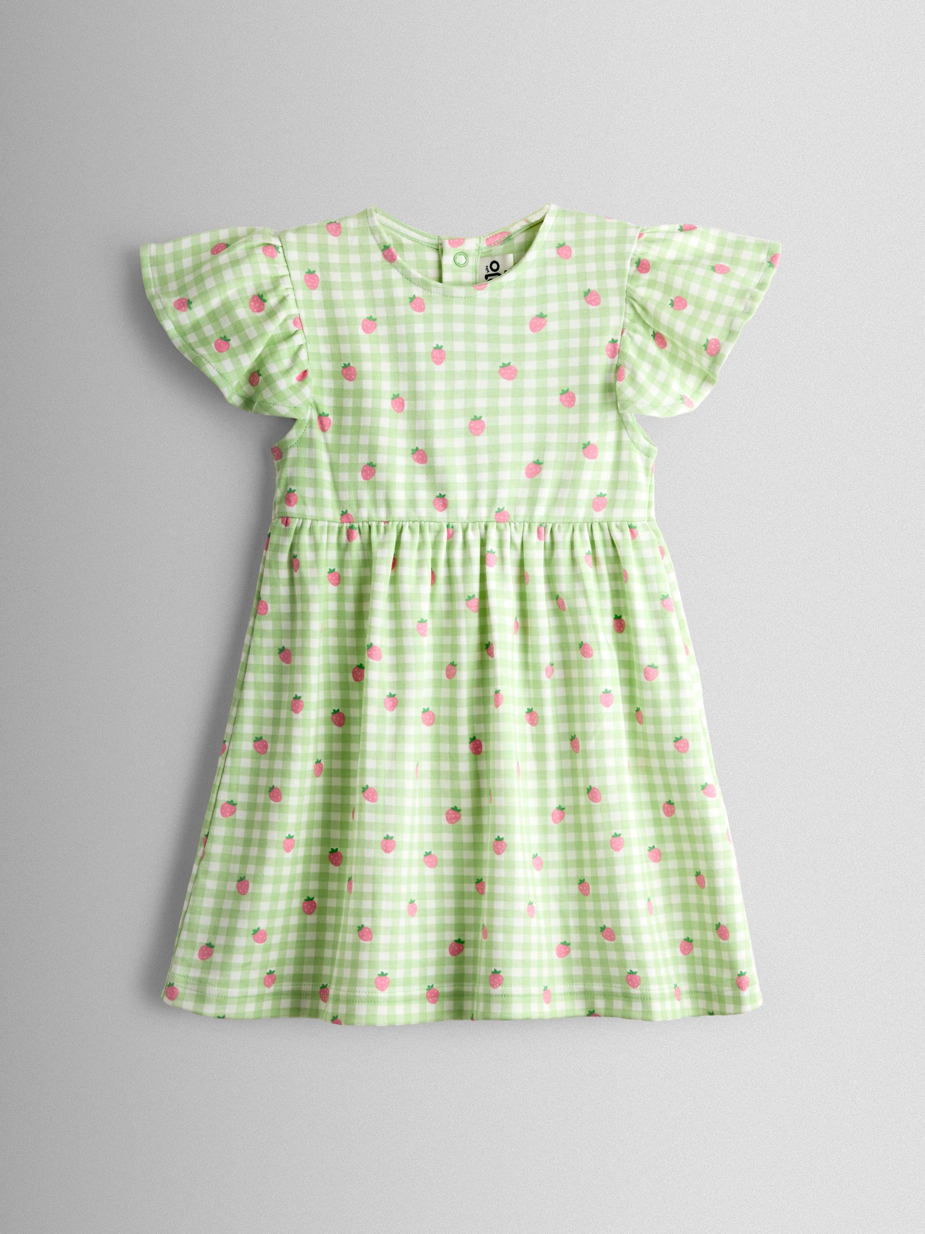 Green Gingham Strawberry Printed Flutter Sleeve Dress - Image 1 of 3