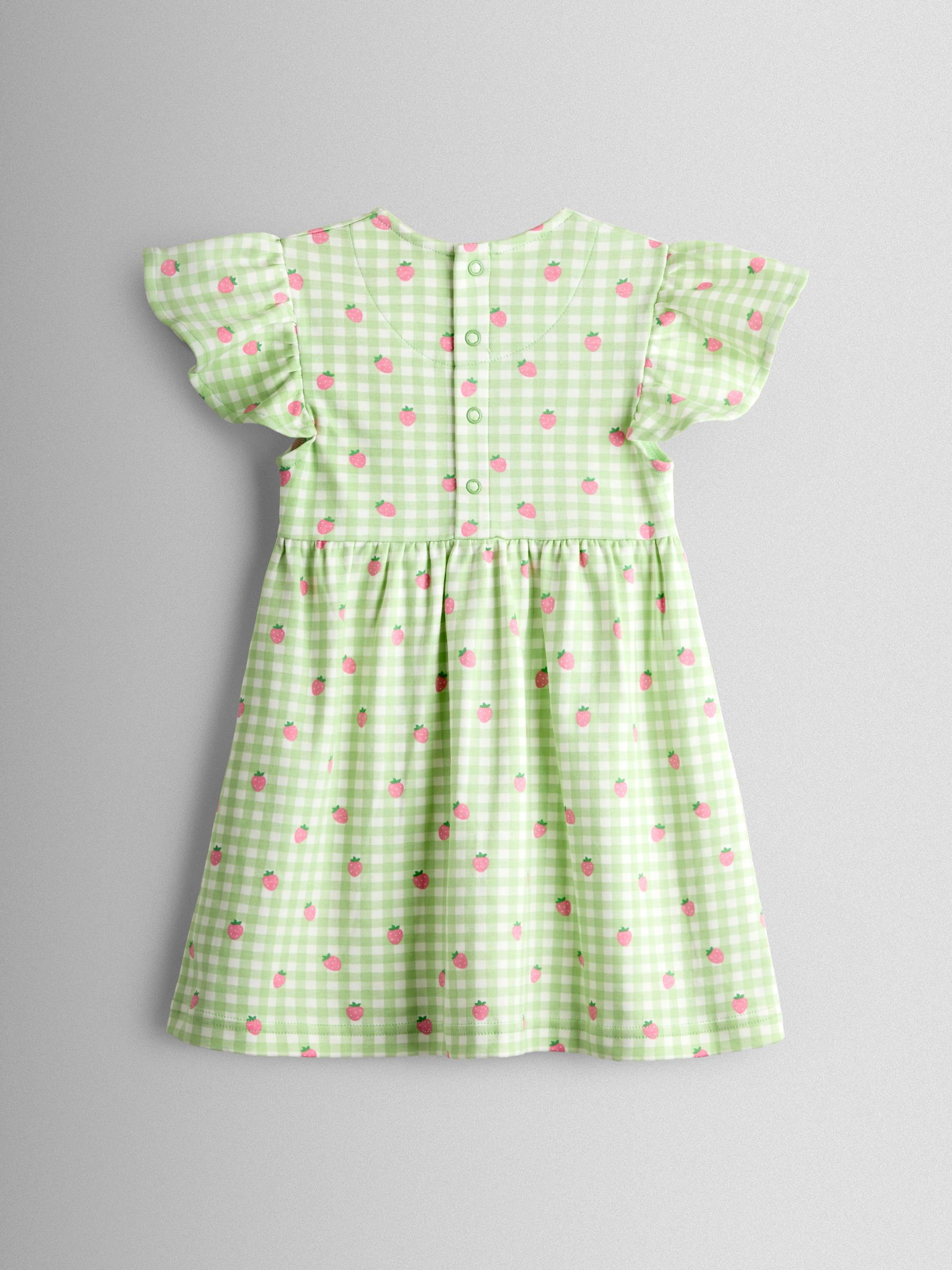 Green Gingham Strawberry Printed Flutter Sleeve Dress - Image 2 of 3