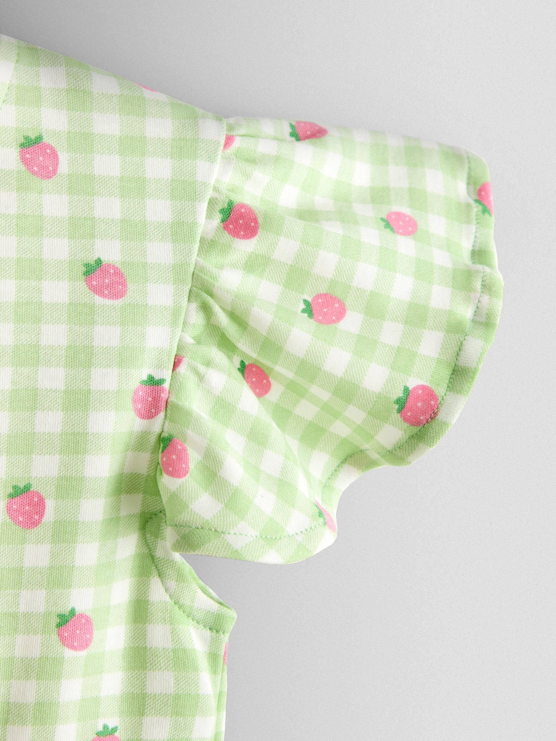 Green Gingham Strawberry Printed Flutter Sleeve Dress - Image 3 of 3