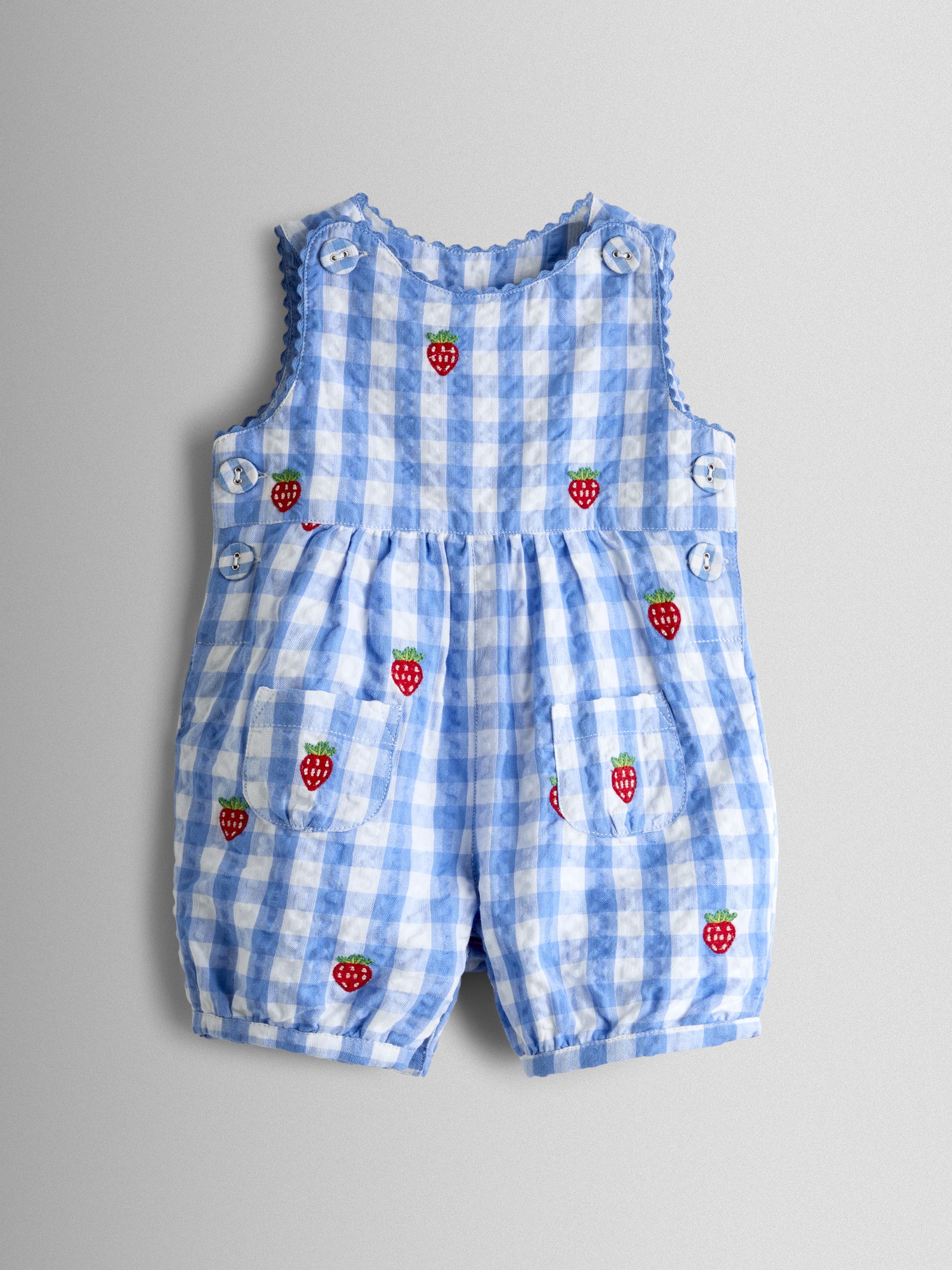 Blue Strawberry Embroidered Seersucker Gingham Dungaree - Image 1 of 3