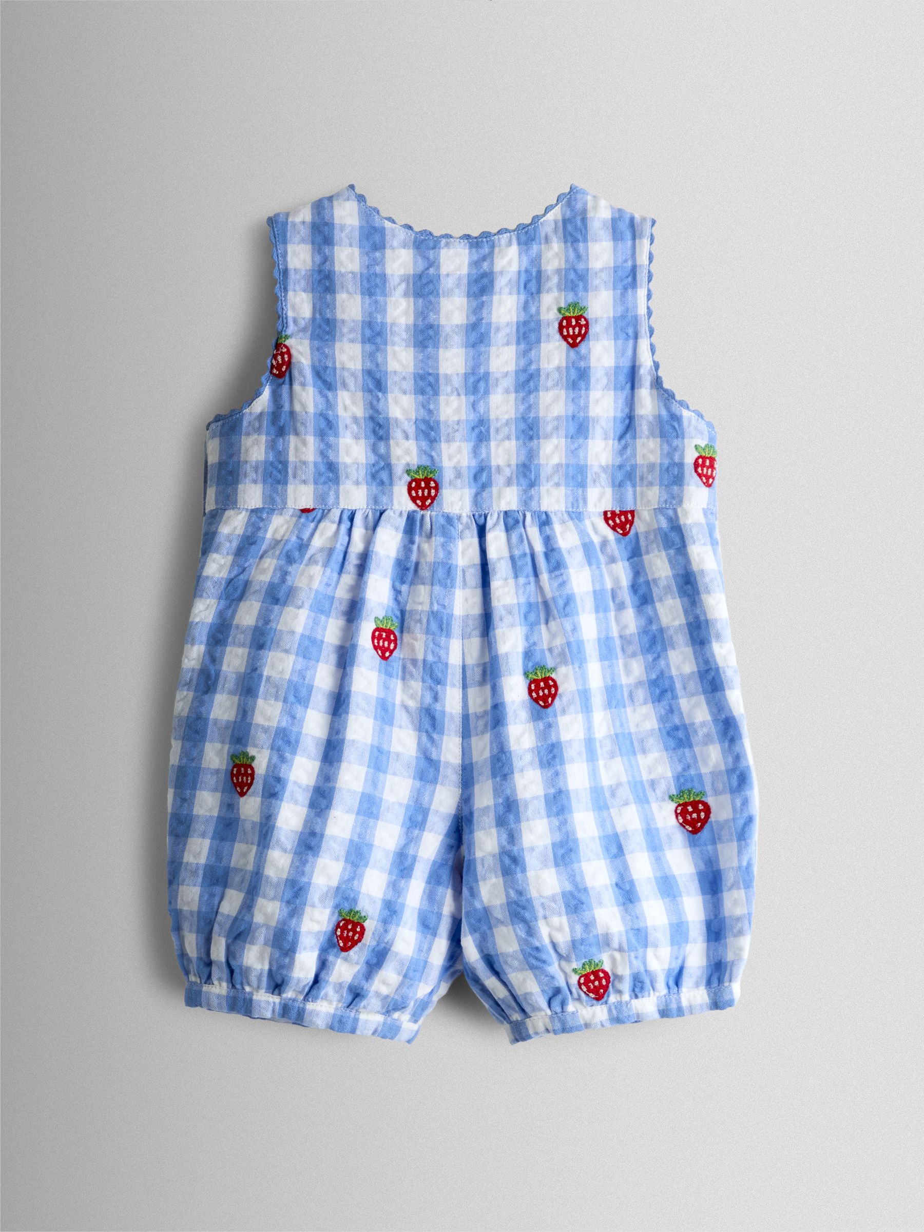 Blue Strawberry Embroidered Seersucker Gingham Dungaree - Image 2 of 3