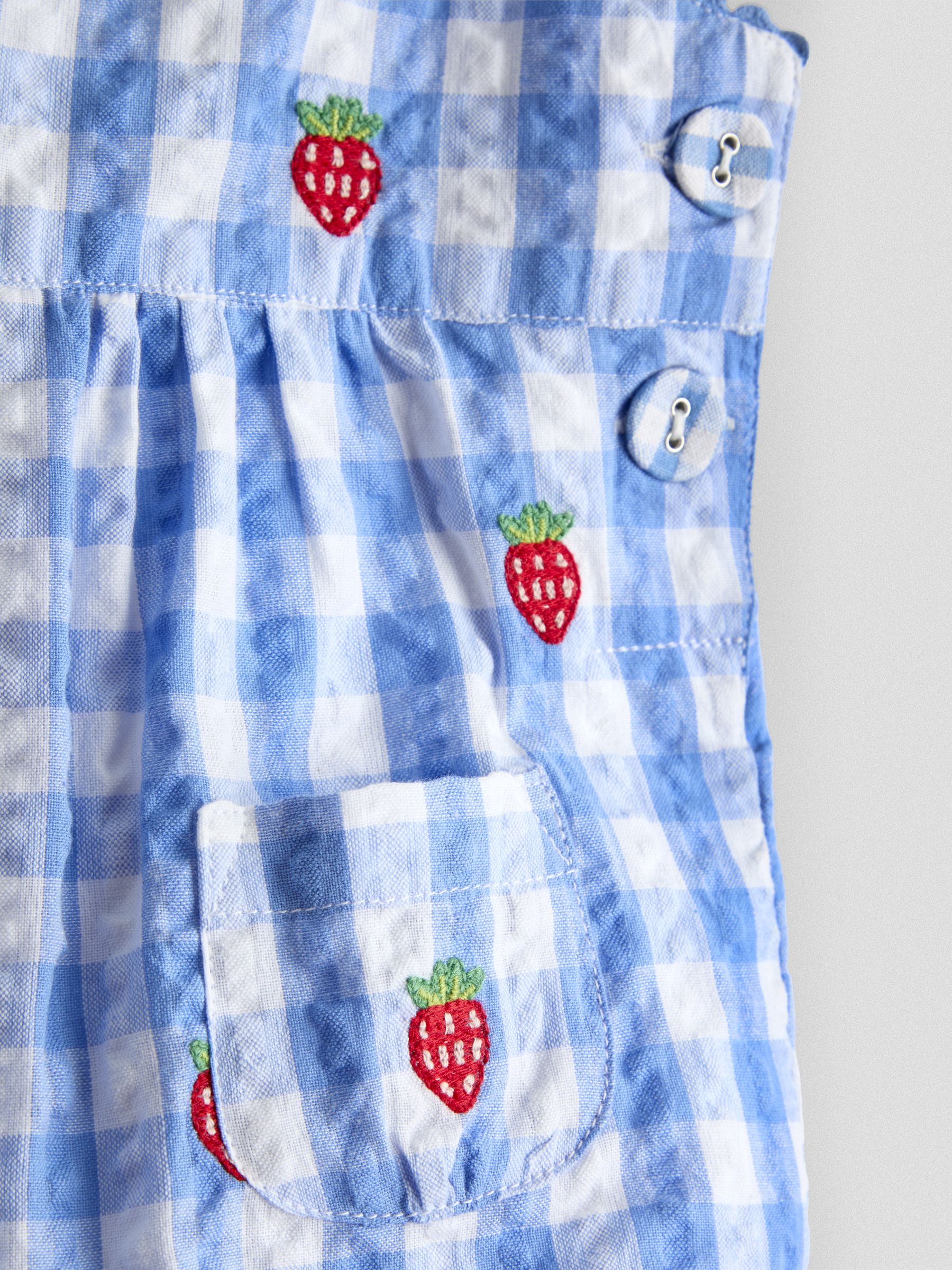 Blue Strawberry Embroidered Seersucker Gingham Dungaree - Image 3 of 3