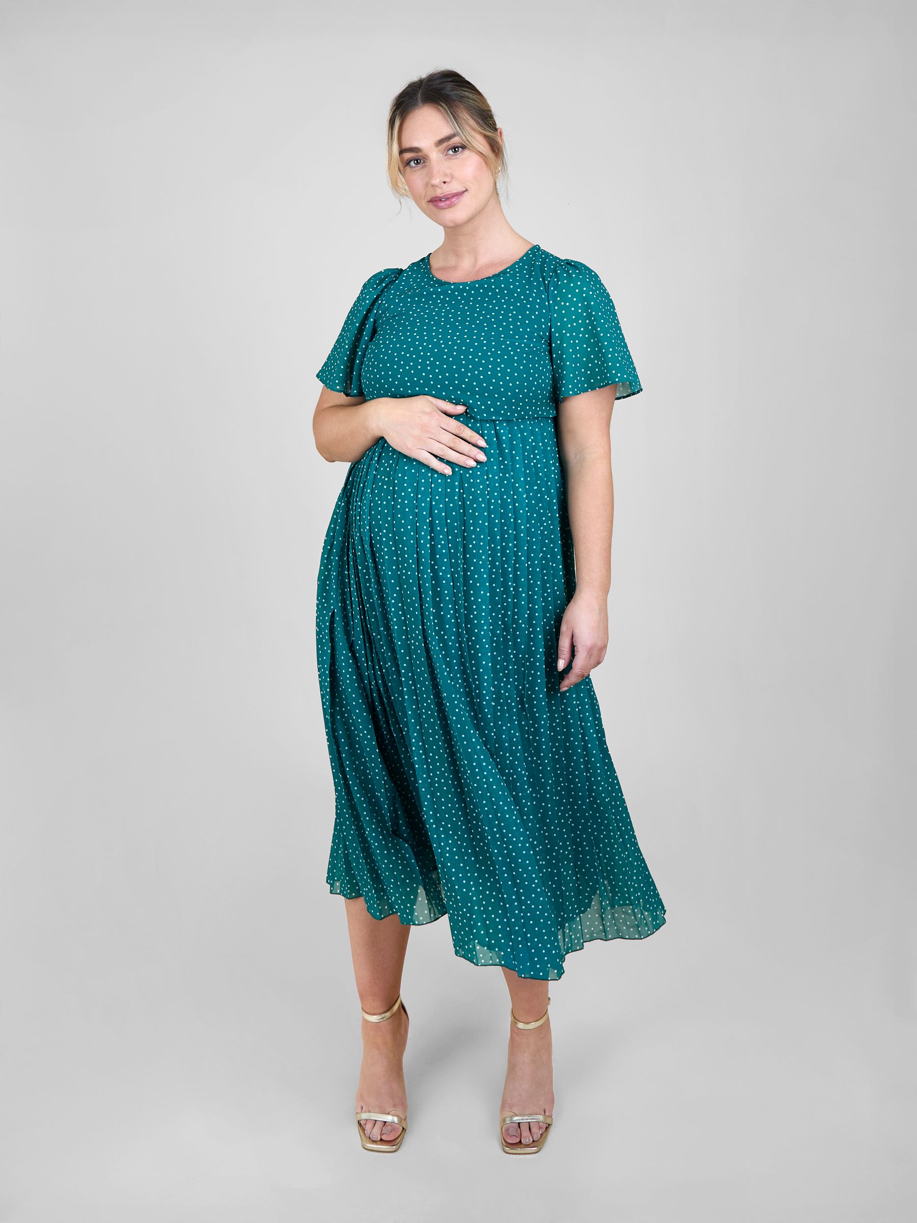 Dark Green Chiffon Pleated Nursing Midi Dress - Image 1 of 5