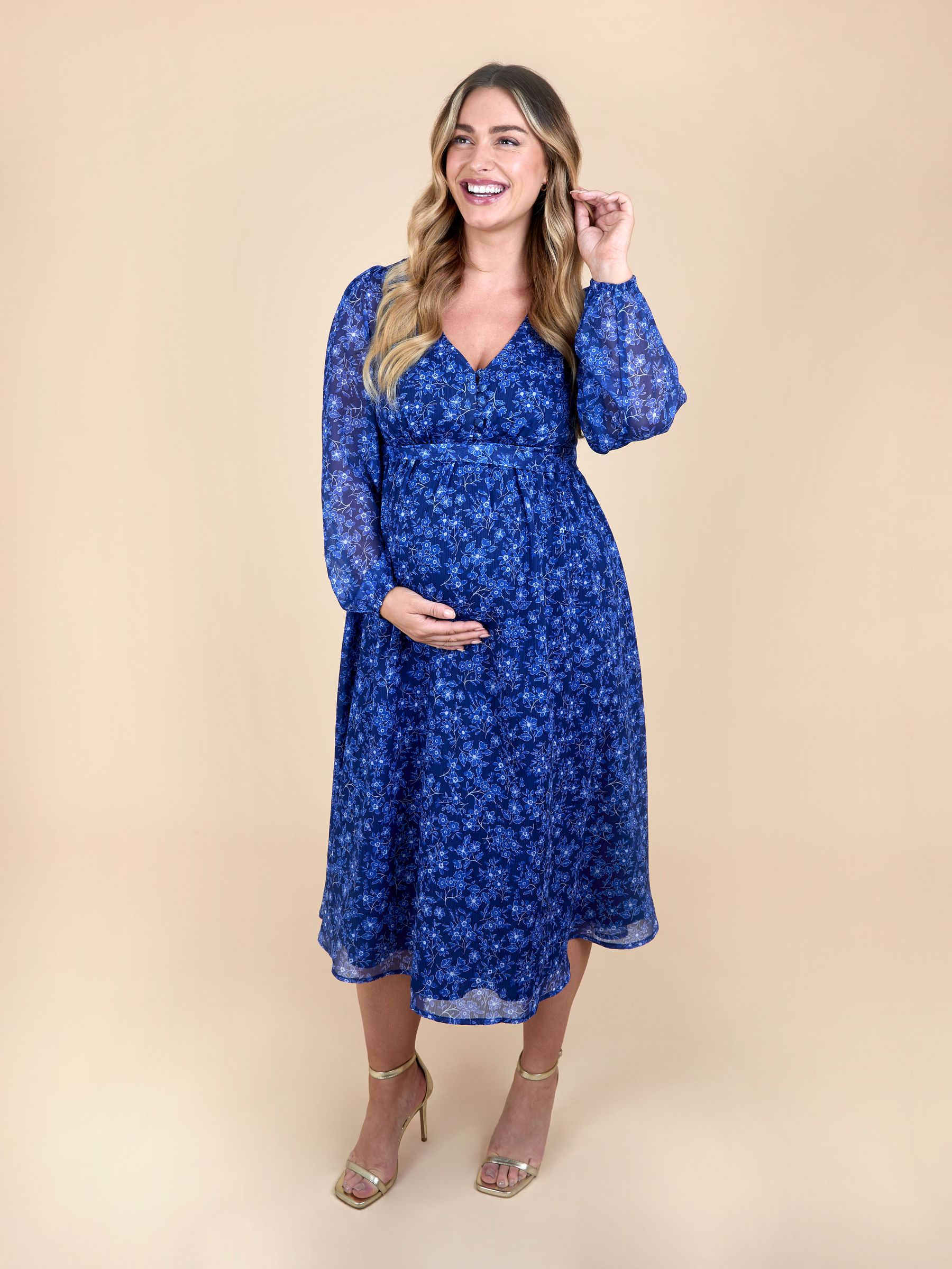 Navy Blue Floral Crinkle Chiffon Maternity Midi Dress - Image 1 of 6