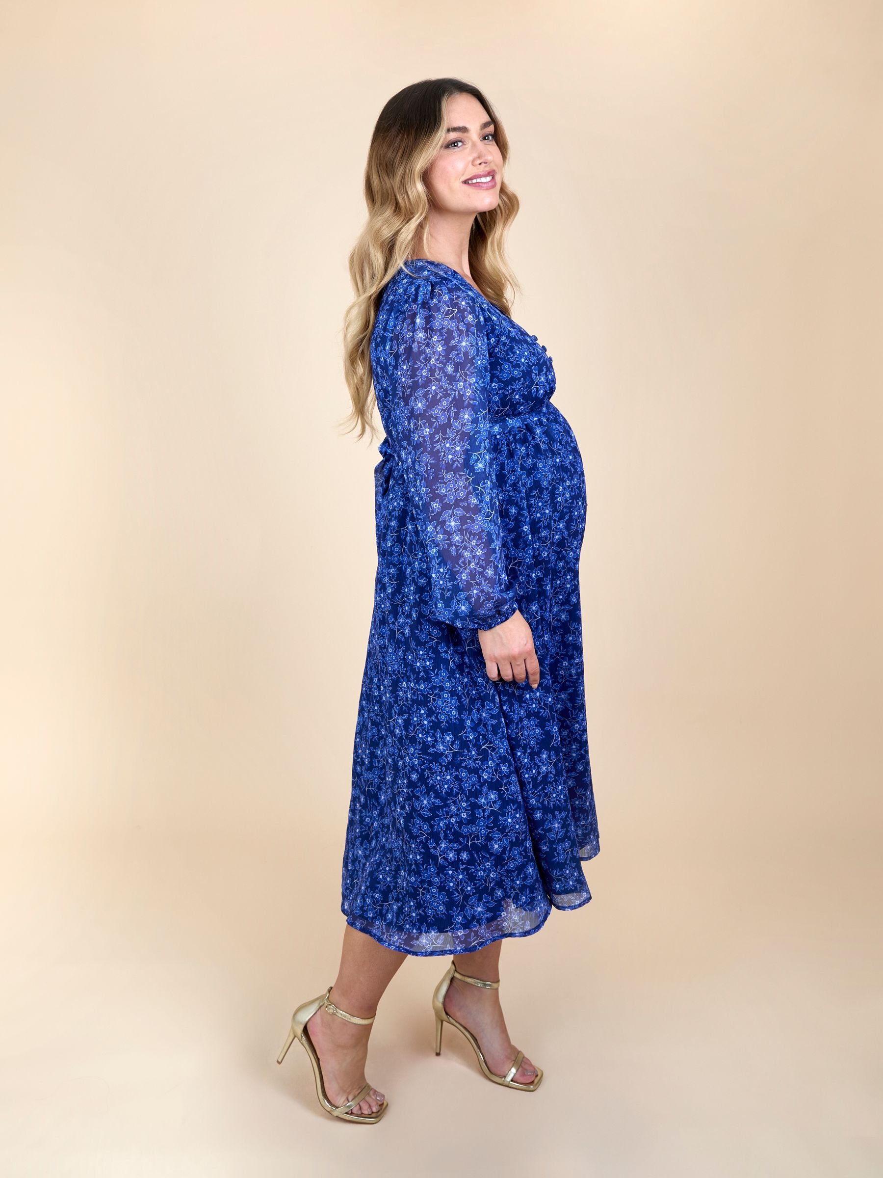 Navy Blue Floral Crinkle Chiffon Maternity Midi Dress - Image 2 of 6