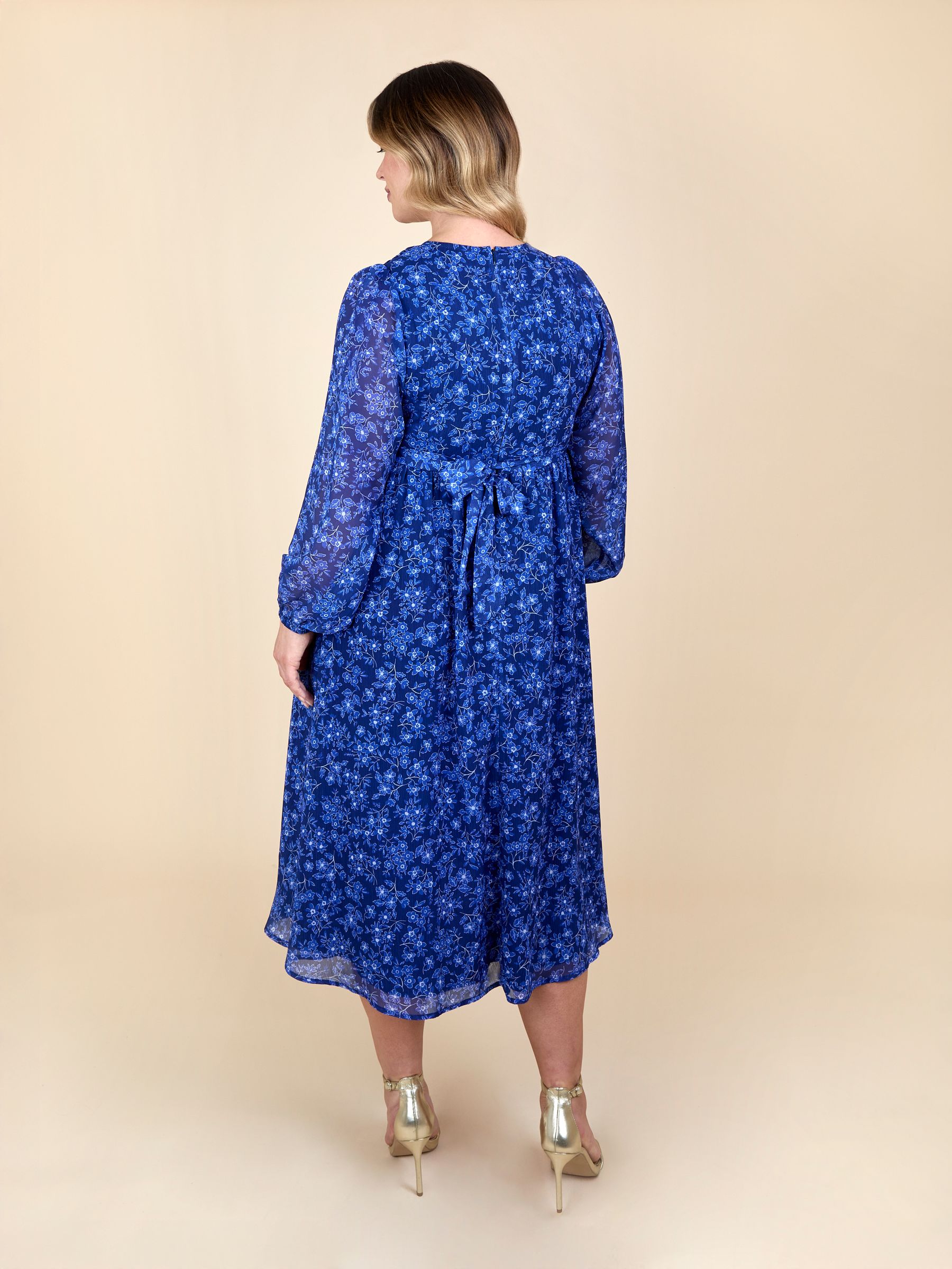 Navy Blue Floral Crinkle Chiffon Maternity Midi Dress - Image 3 of 6