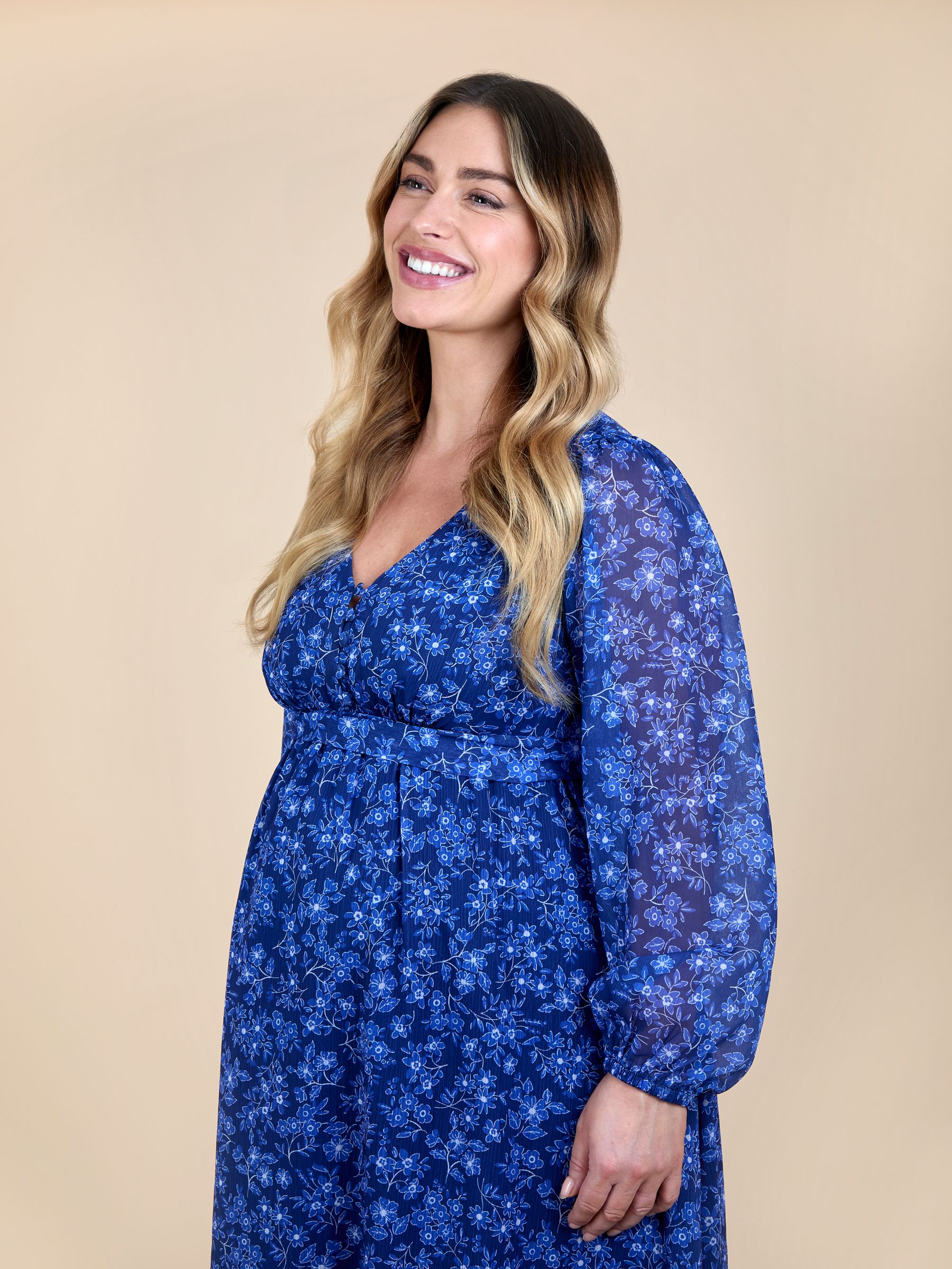 Navy Blue Floral Crinkle Chiffon Maternity Midi Dress - Image 4 of 6
