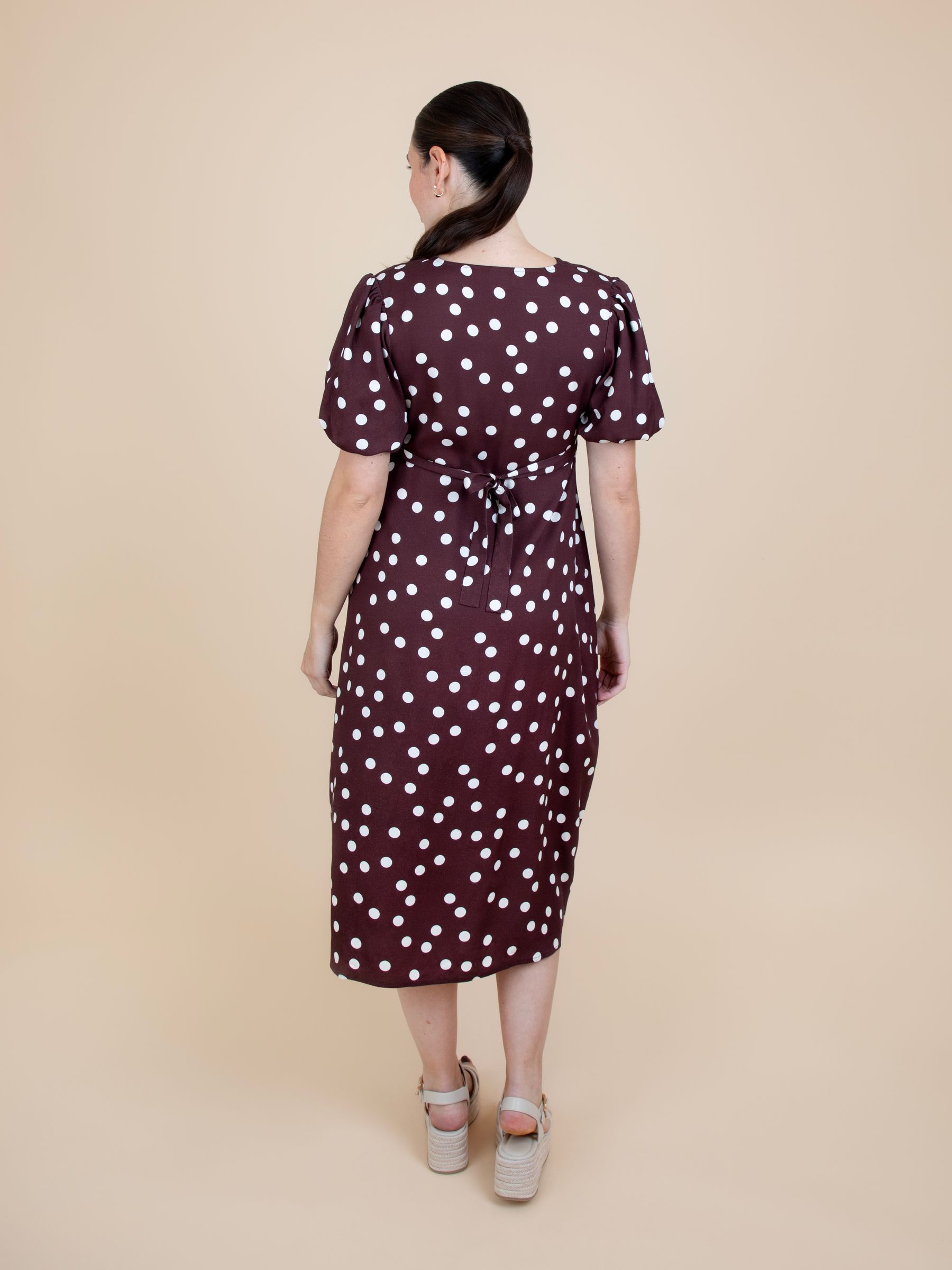 Brown Puff Sleeve Button Through Tie Waist Maternity Tea Dress - Image 2 of 4