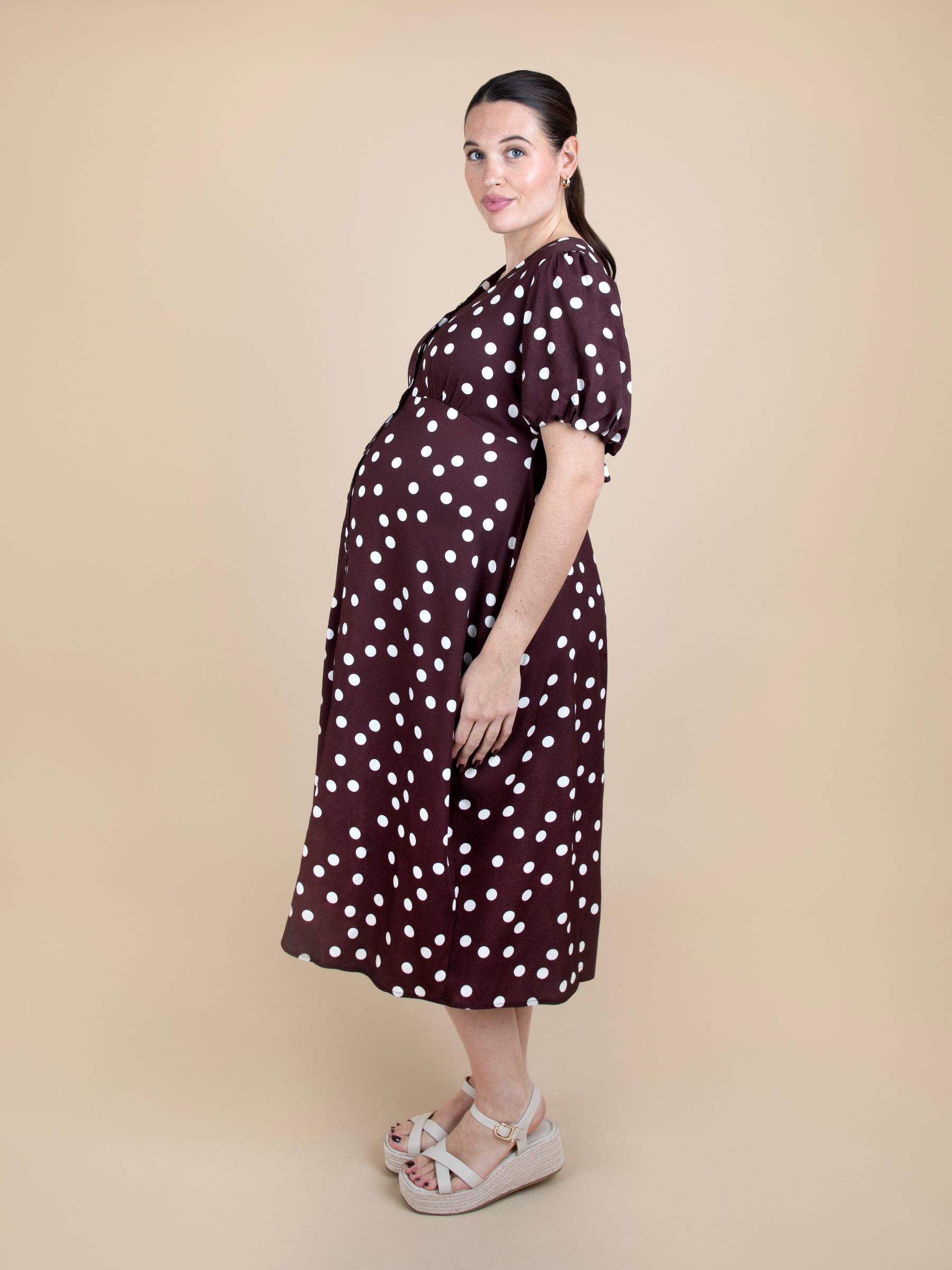 Brown Puff Sleeve Button Through Tie Waist Maternity Tea Dress - Image 3 of 4