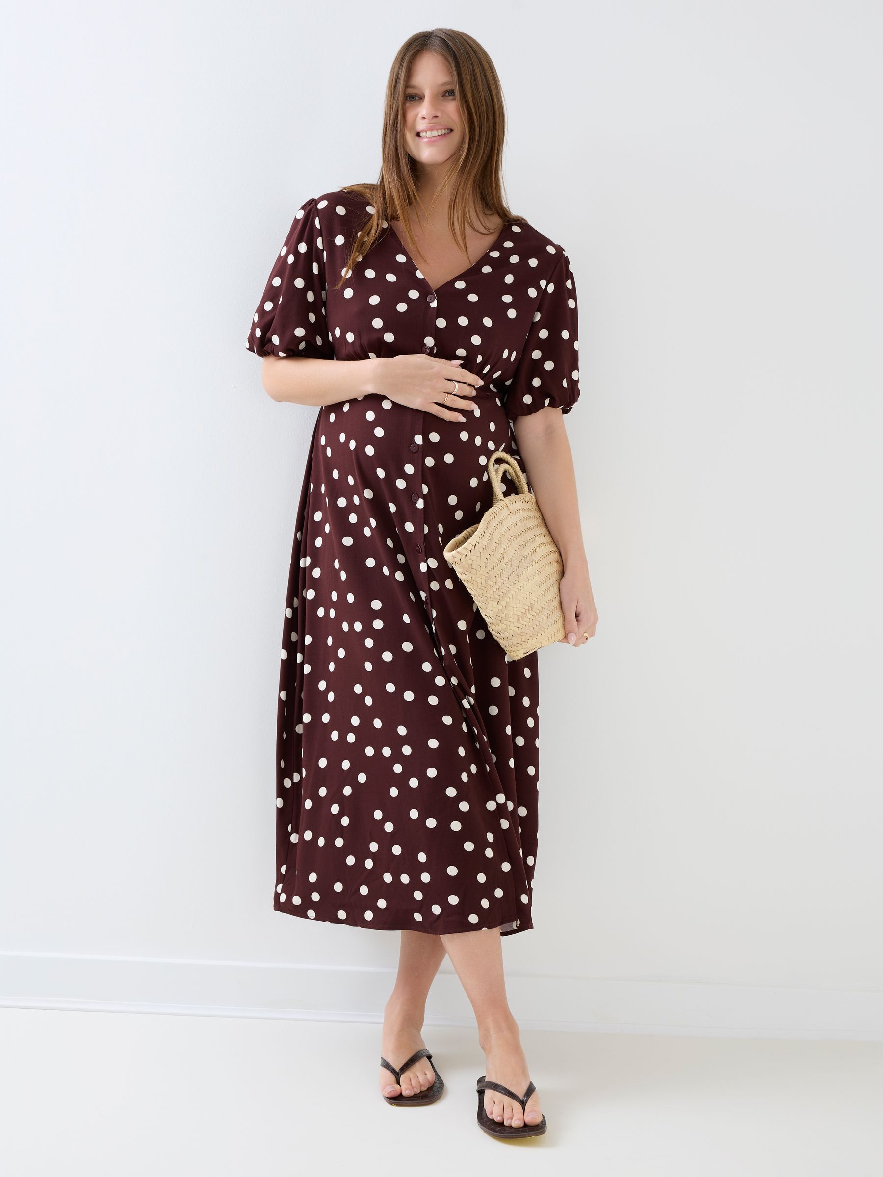 Brown Puff Sleeve Button Through Tie Waist Maternity Tea Dress - Image 5 of 8