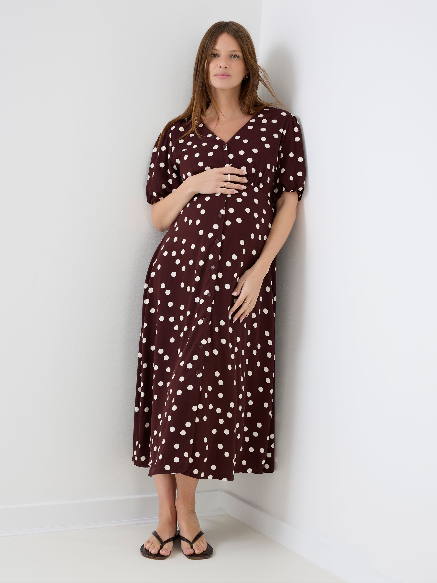 Brown Puff Sleeve Button Through Tie Waist Maternity Tea Dress - Image 6 of 8
