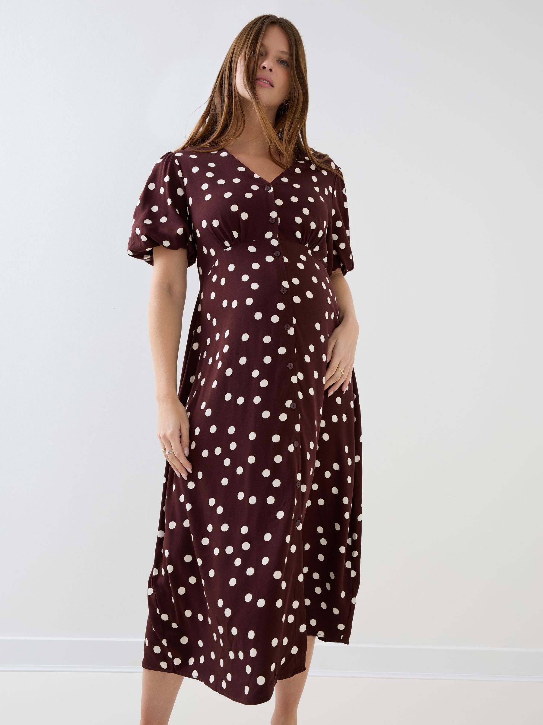 Brown Puff Sleeve Button Through Tie Waist Maternity Tea Dress - Image 7 of 8