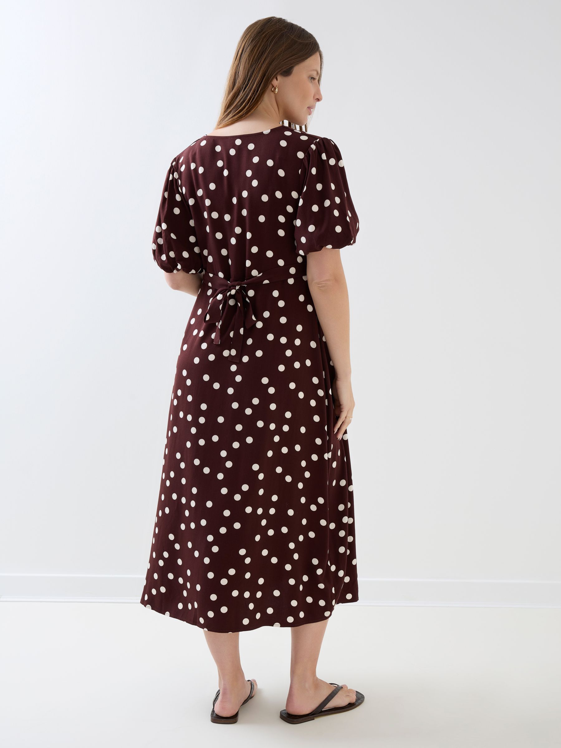 Brown Puff Sleeve Button Through Tie Waist Maternity Tea Dress - Image 8 of 8
