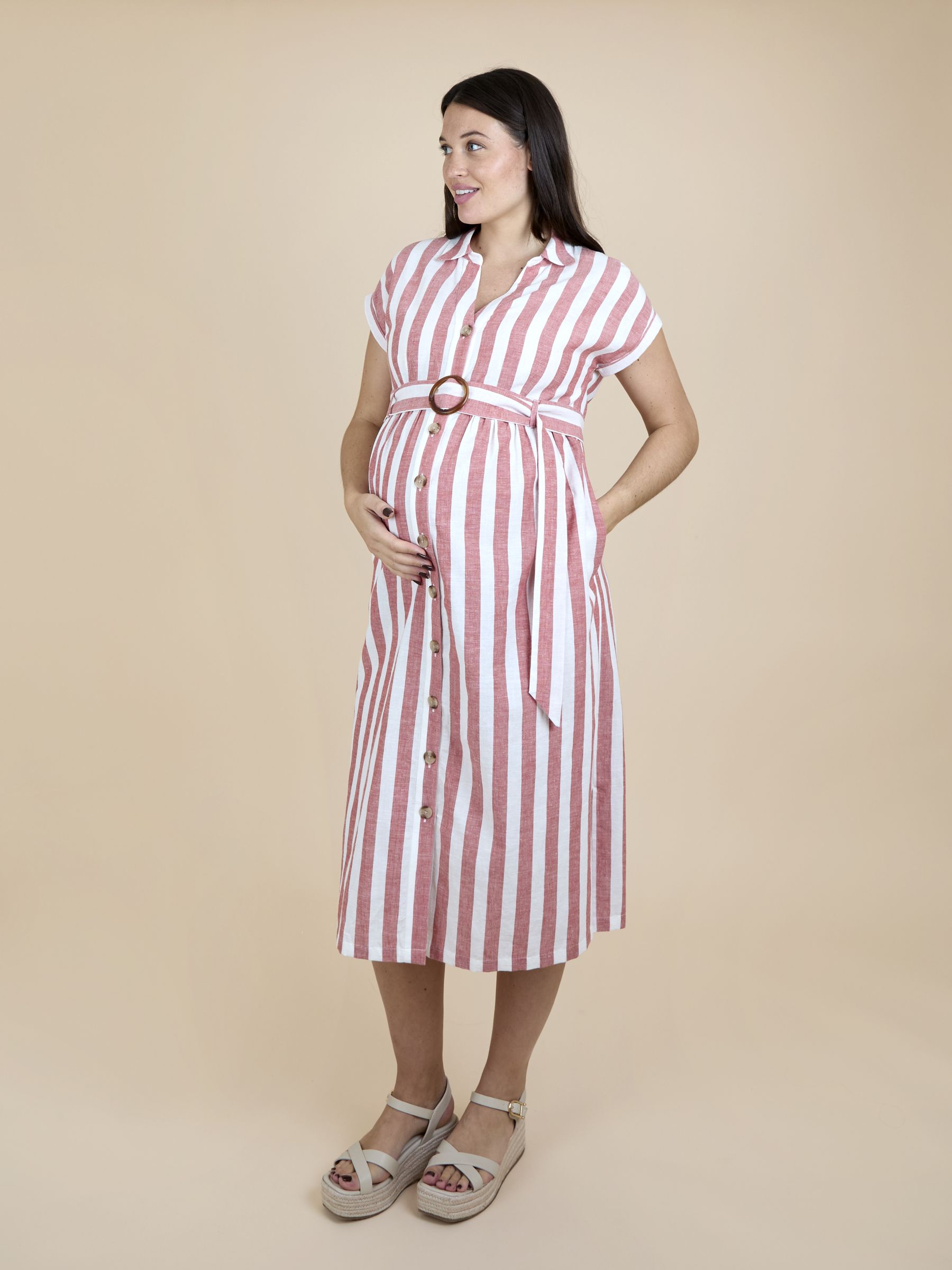 Rust Orange Sleeveless Striped Midi Maternity Shirt Dress - Image 2 of 7 Rust Orange Sleeveless Striped Midi Maternity Shirt Dress - Image 2 of 7