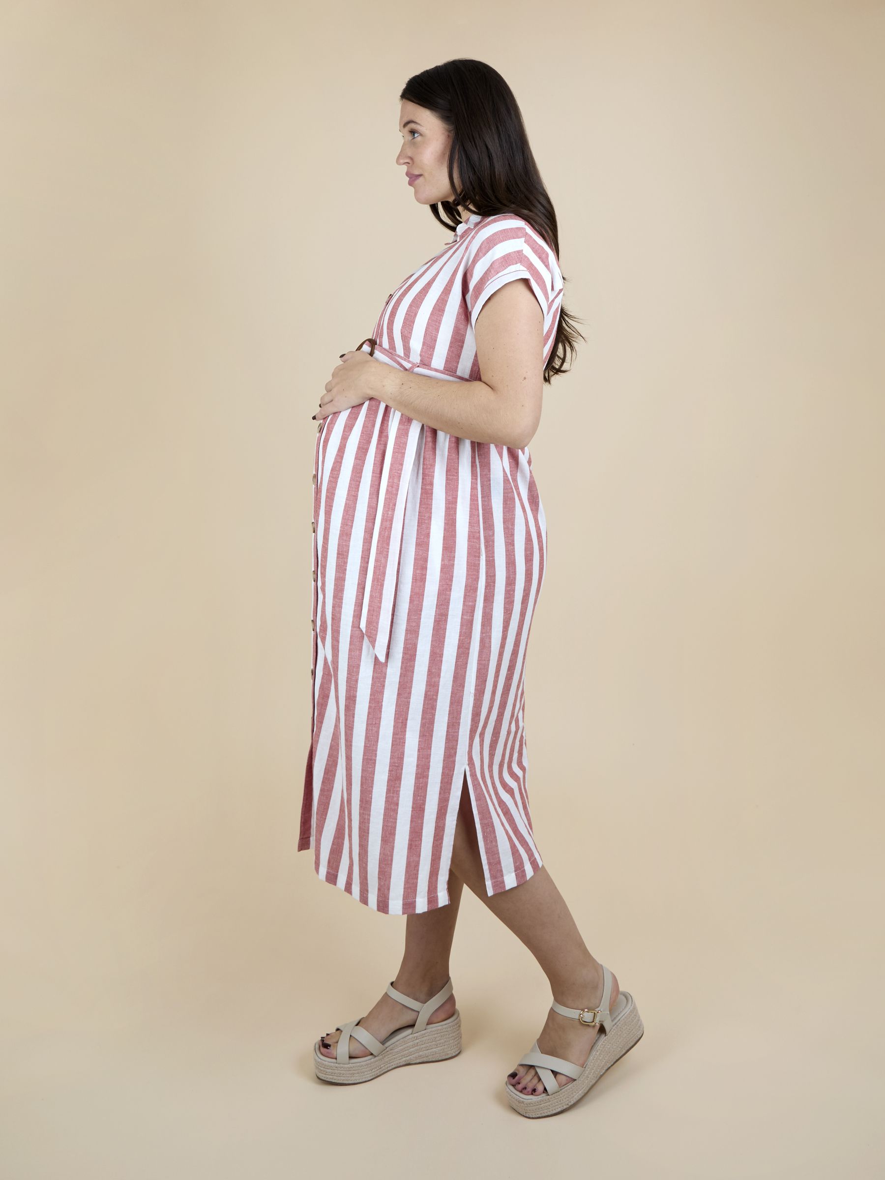 Rust Orange Sleeveless Striped Midi Maternity Shirt Dress - Image 3 of 7