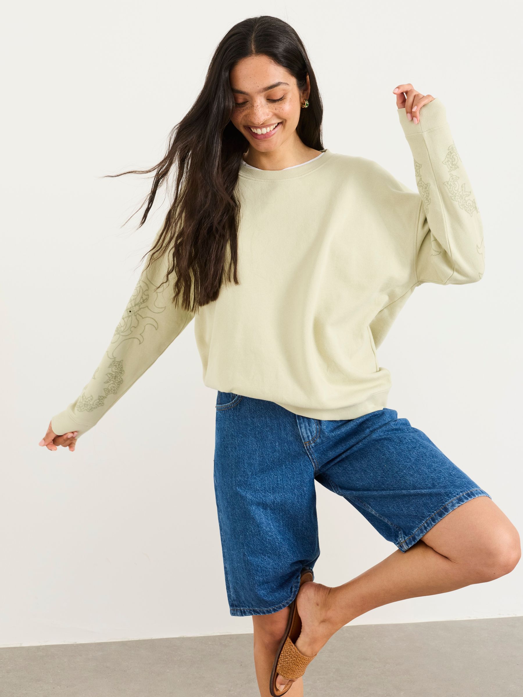 Emily Light Green Broderie Sleeve Detail Crew Sweat - Image 1 of 5