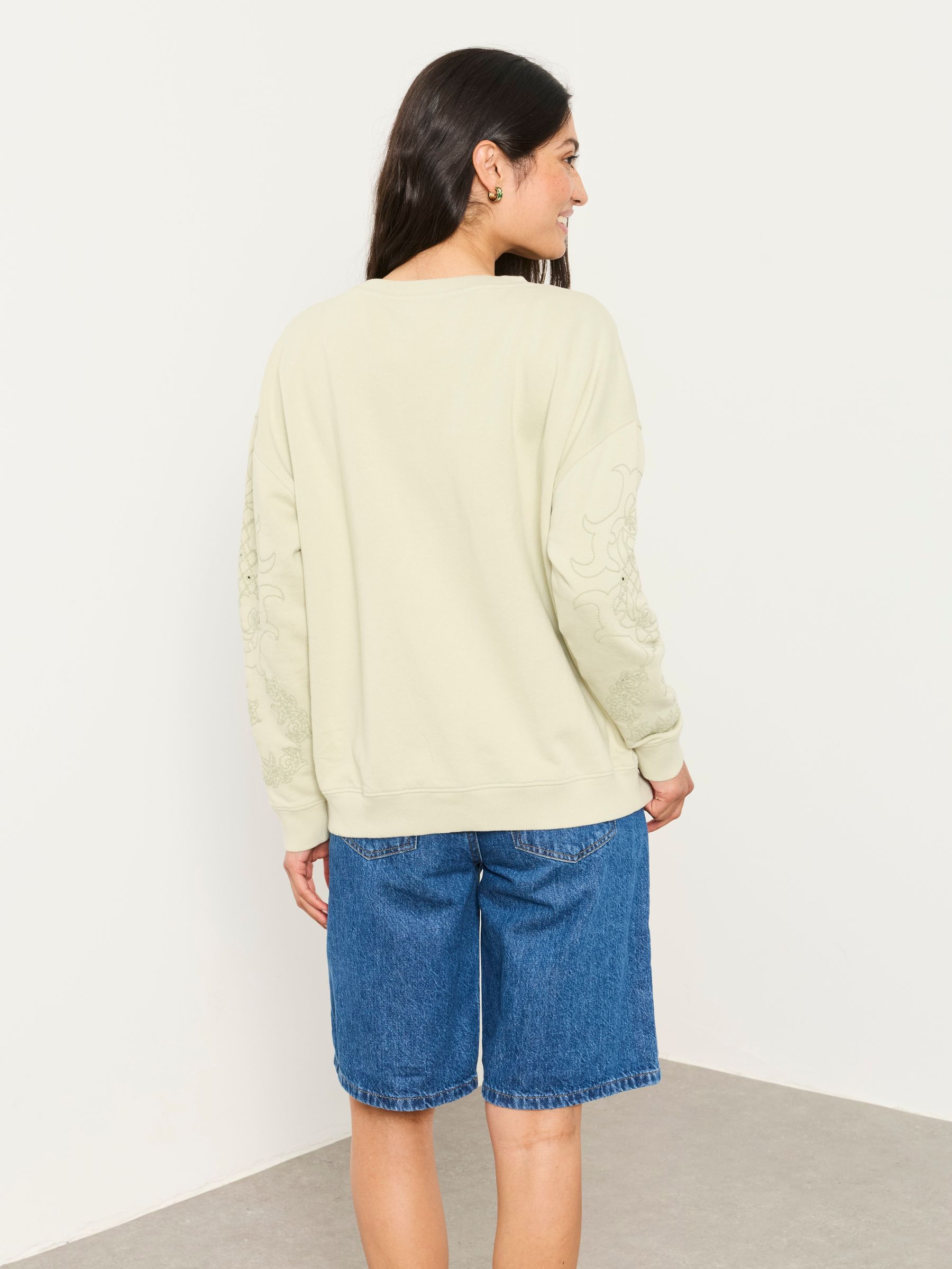 Emily Light Green Broderie Sleeve Detail Crew Sweat - Image 2 of 5 Emily Light Green Broderie Sleeve Detail Crew Sweat - Image 2 of 5