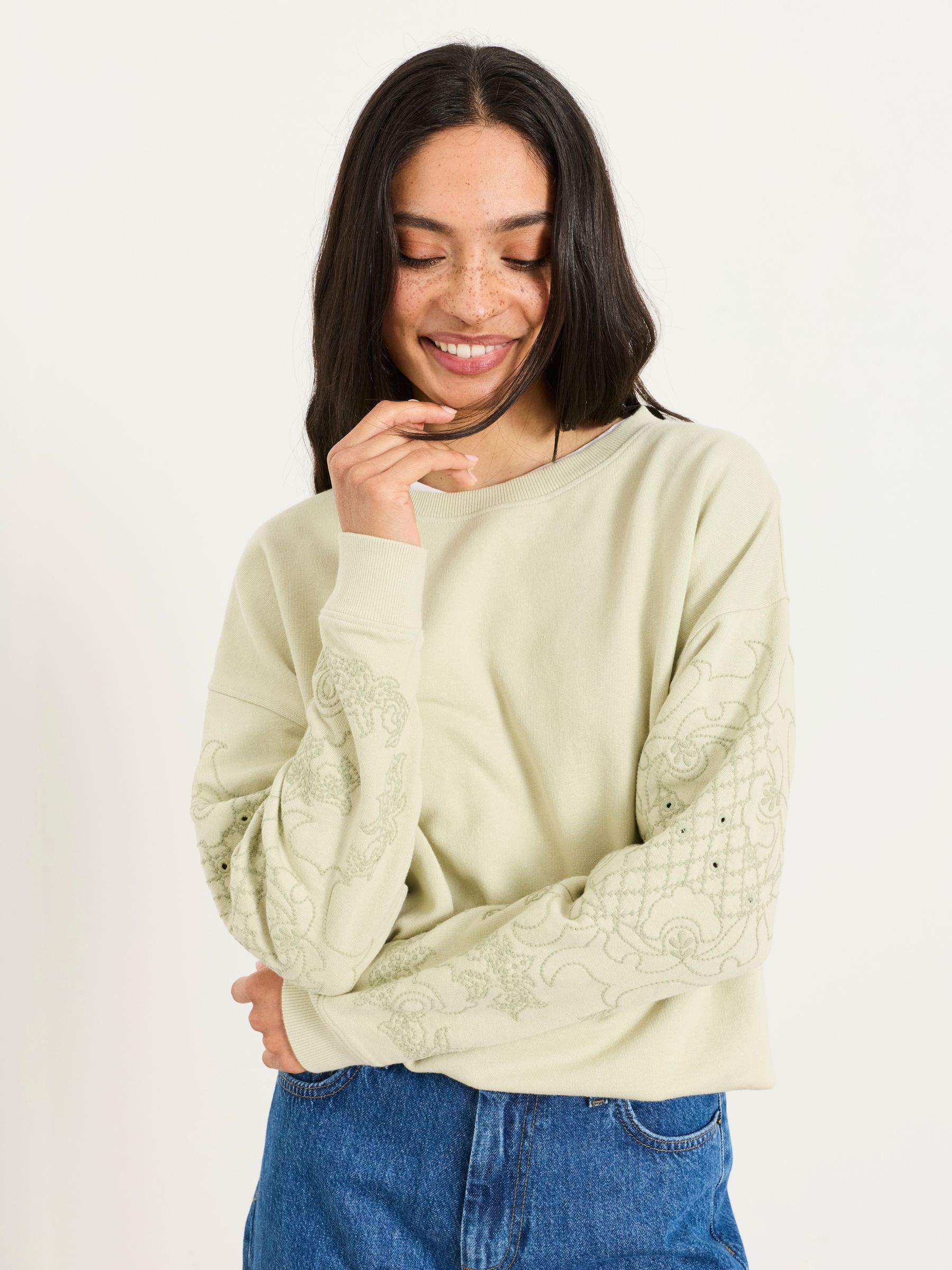 Emily Light Green Broderie Sleeve Detail Crew Sweat | FatFace USA