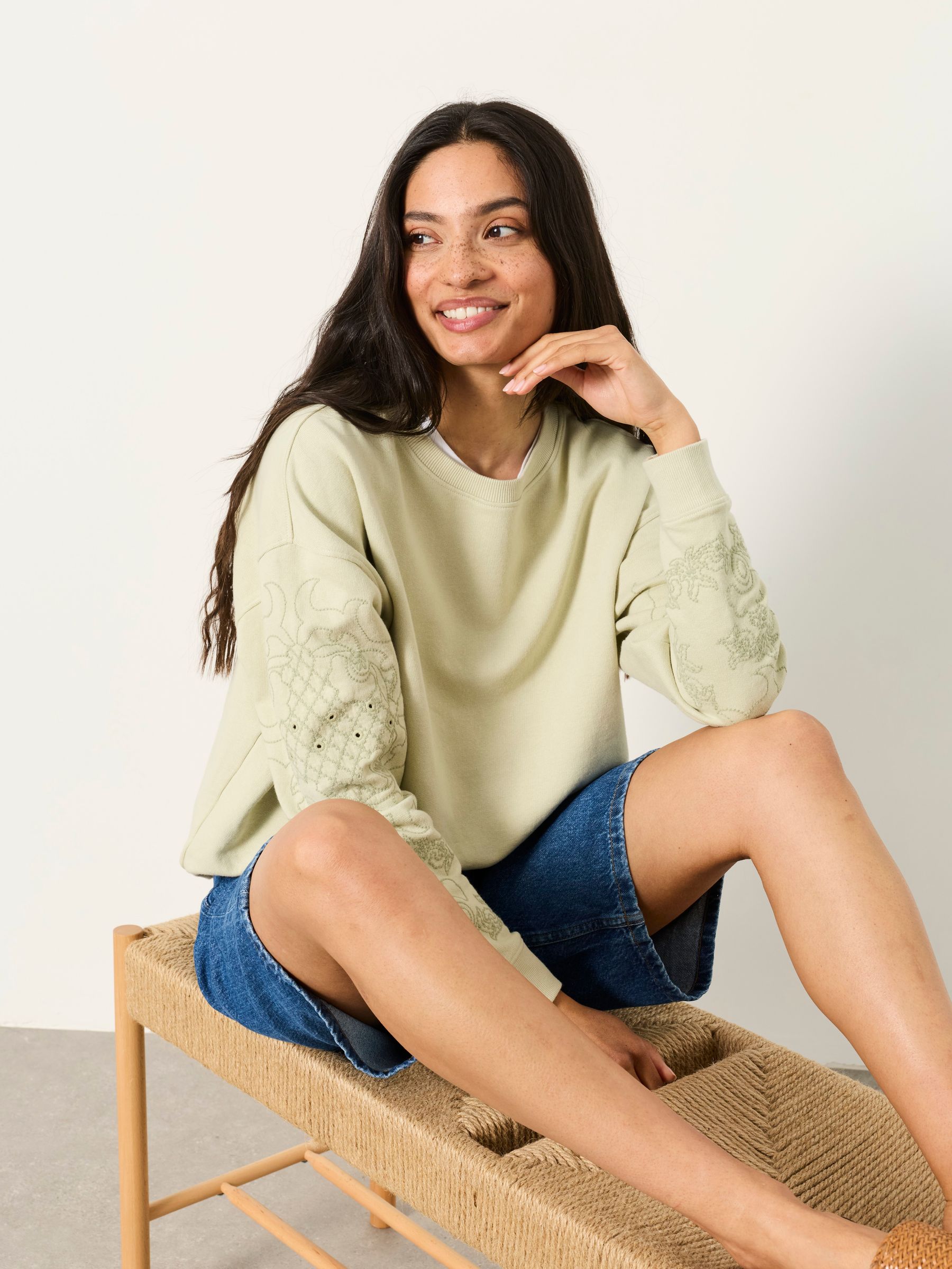 Emily Light Green Broderie Sleeve Detail Crew Sweat - Image 4 of 5
