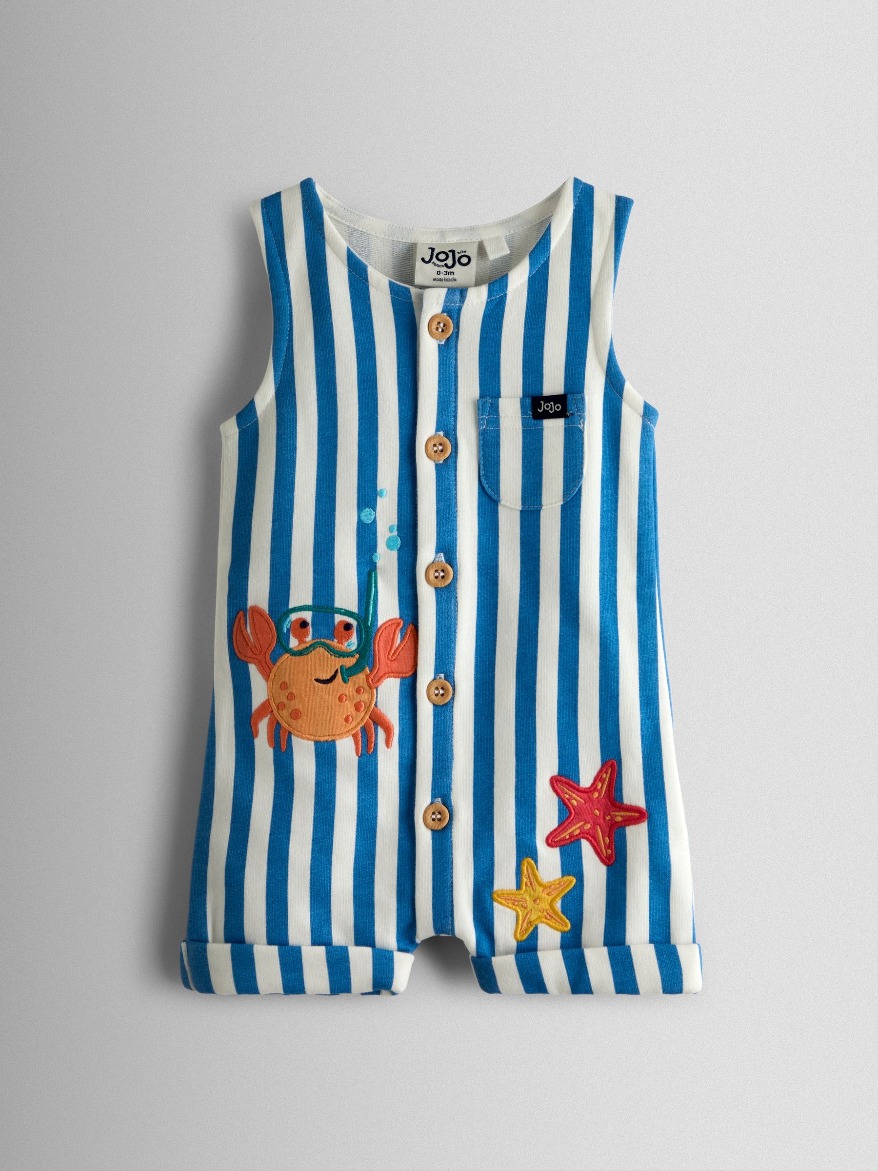 Blue Stripe Crab Applique Button Through Romper - Image 1 of 3