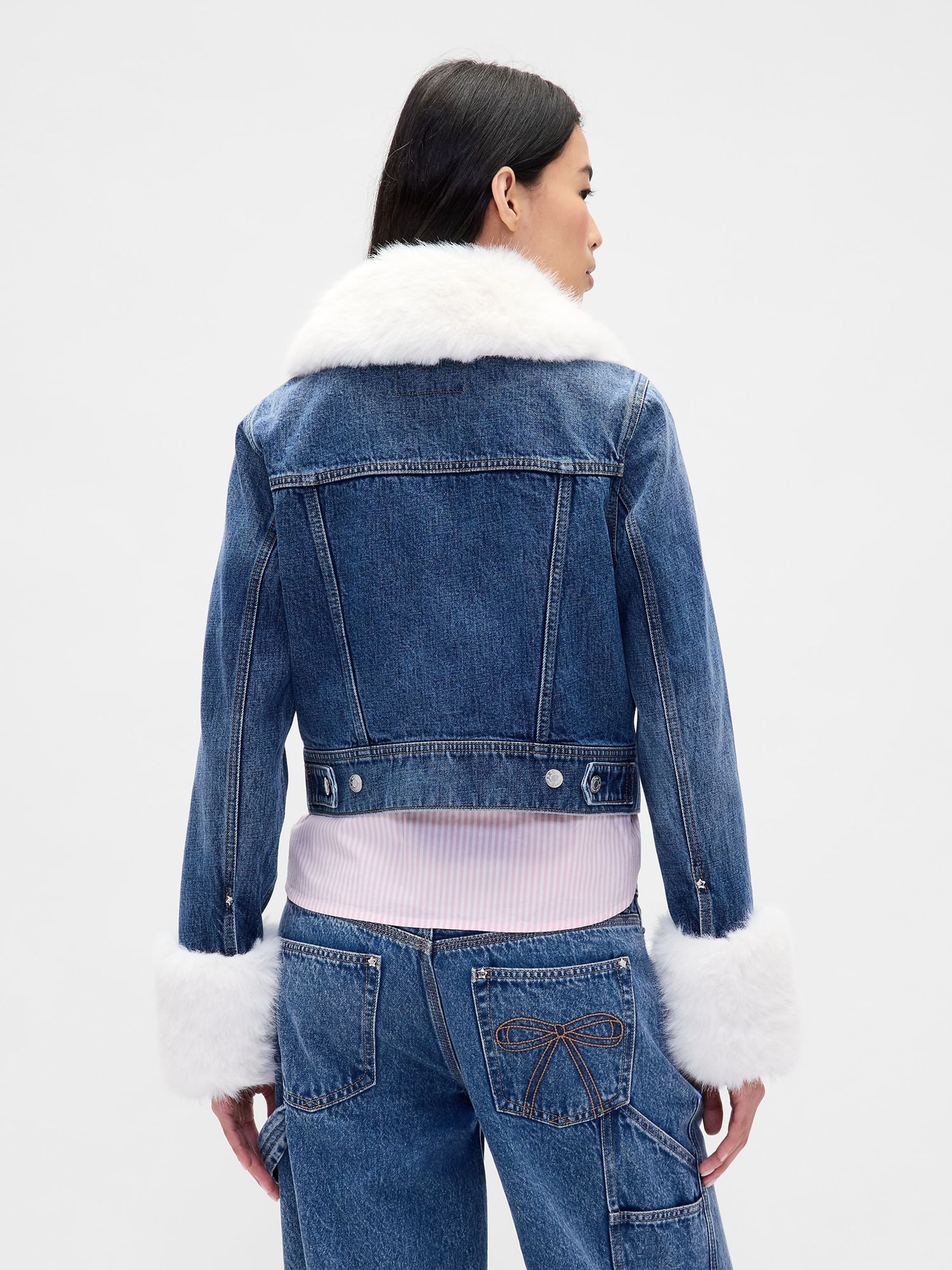Mid Wash Blue Sandy Liang Vegan Fur Crop Denim Jacket - Image 3 of 5