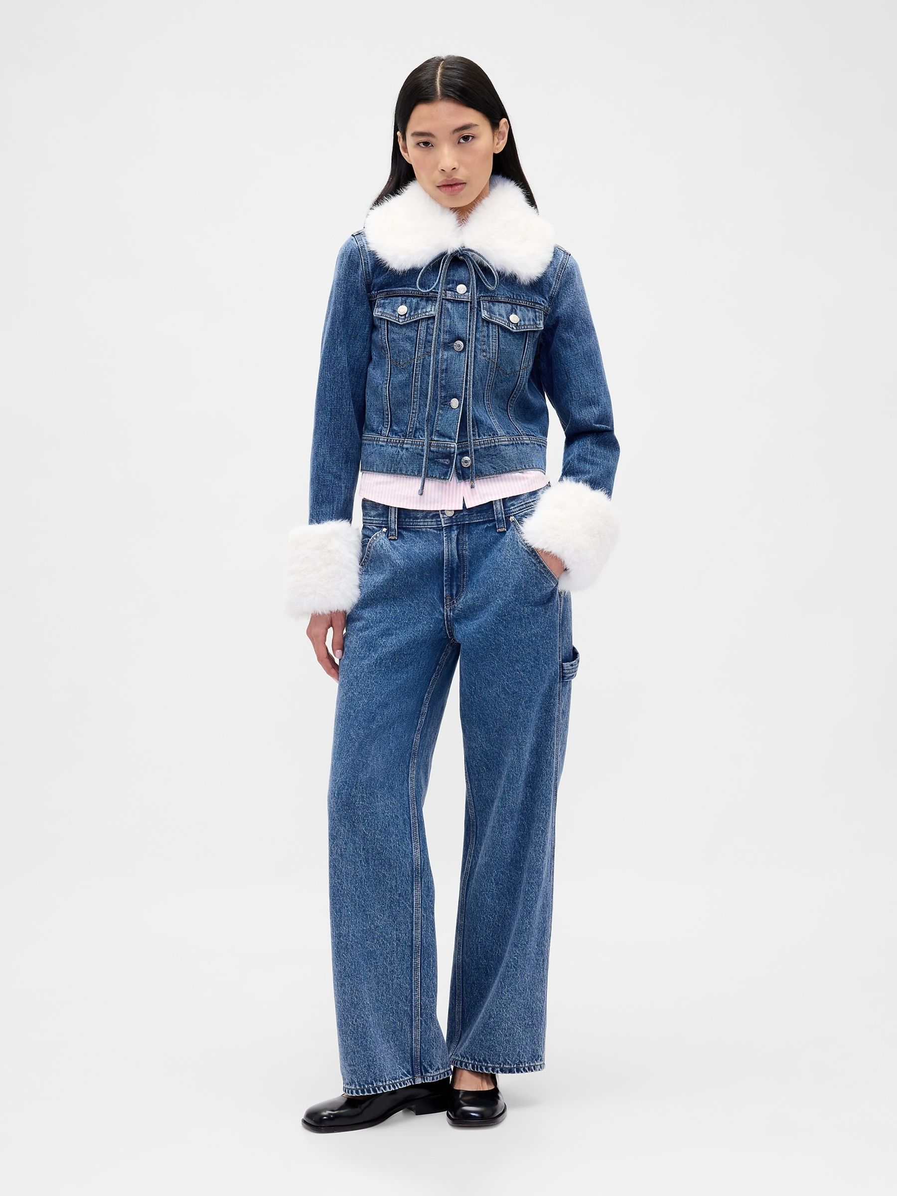 Mid Wash Blue Sandy Liang Vegan Fur Crop Denim Jacket - Image 4 of 5