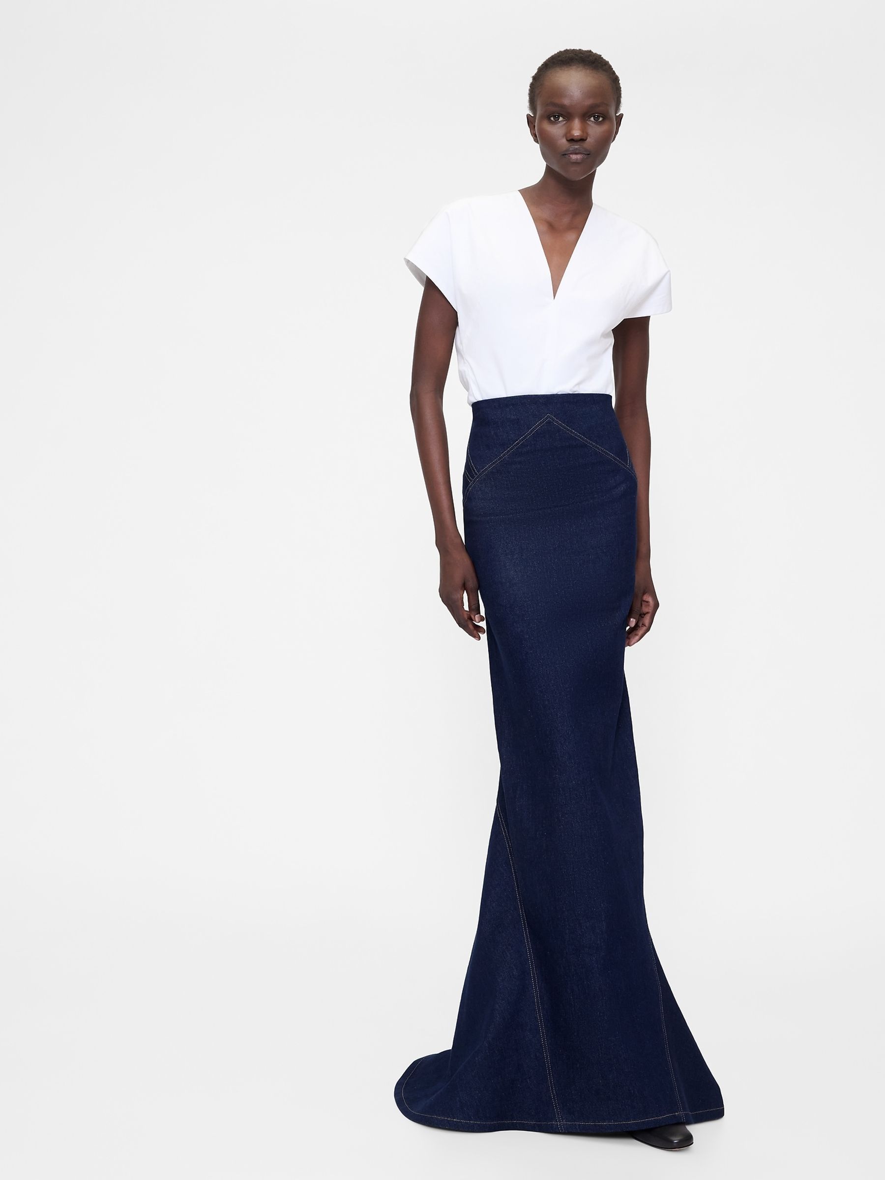 Dark Blue High Waisted Seamed Denim Maxi Skirt - Image 1 of 4