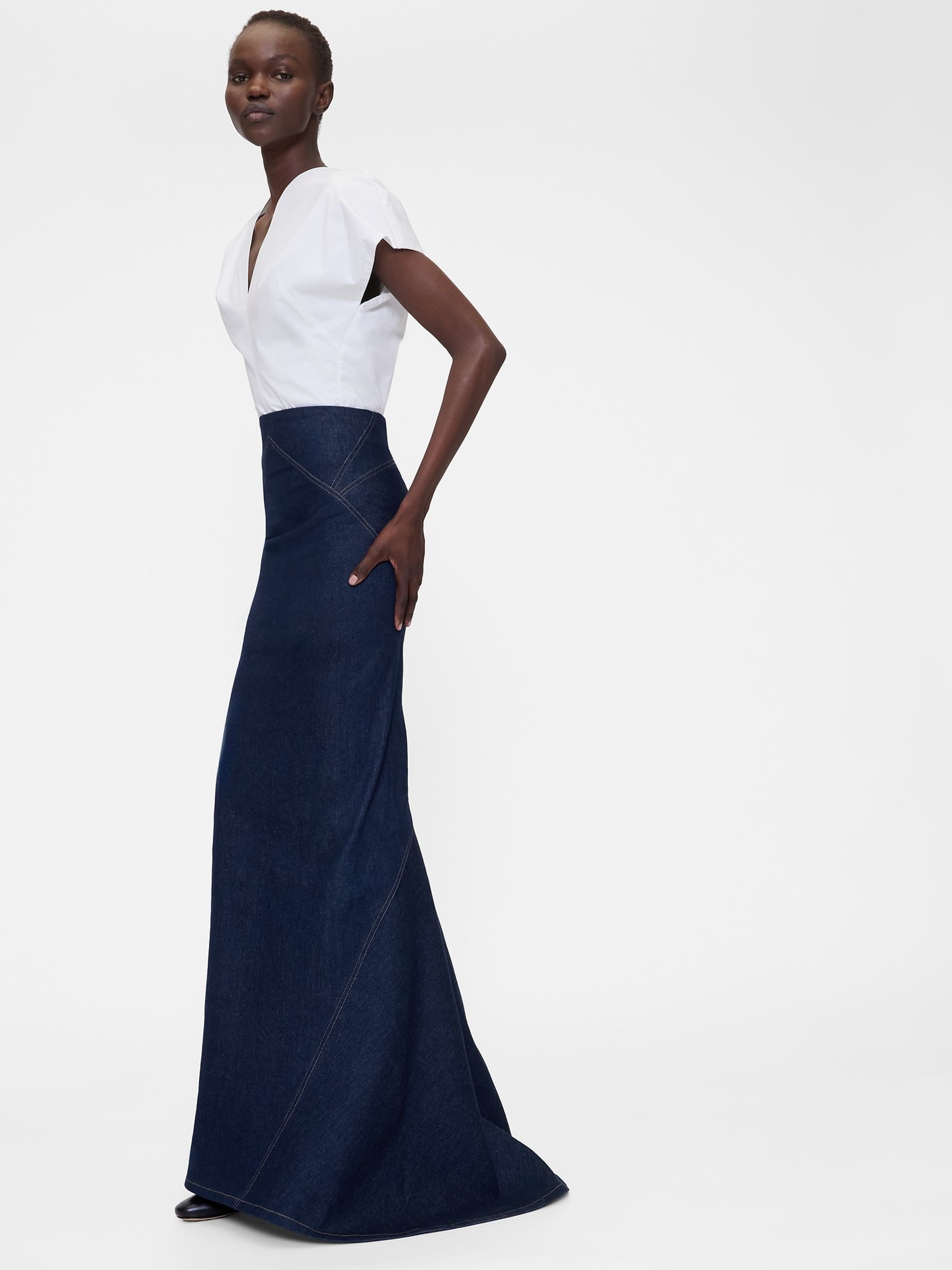 Dark Blue High Waisted Seamed Denim Maxi Skirt - Image 4 of 4