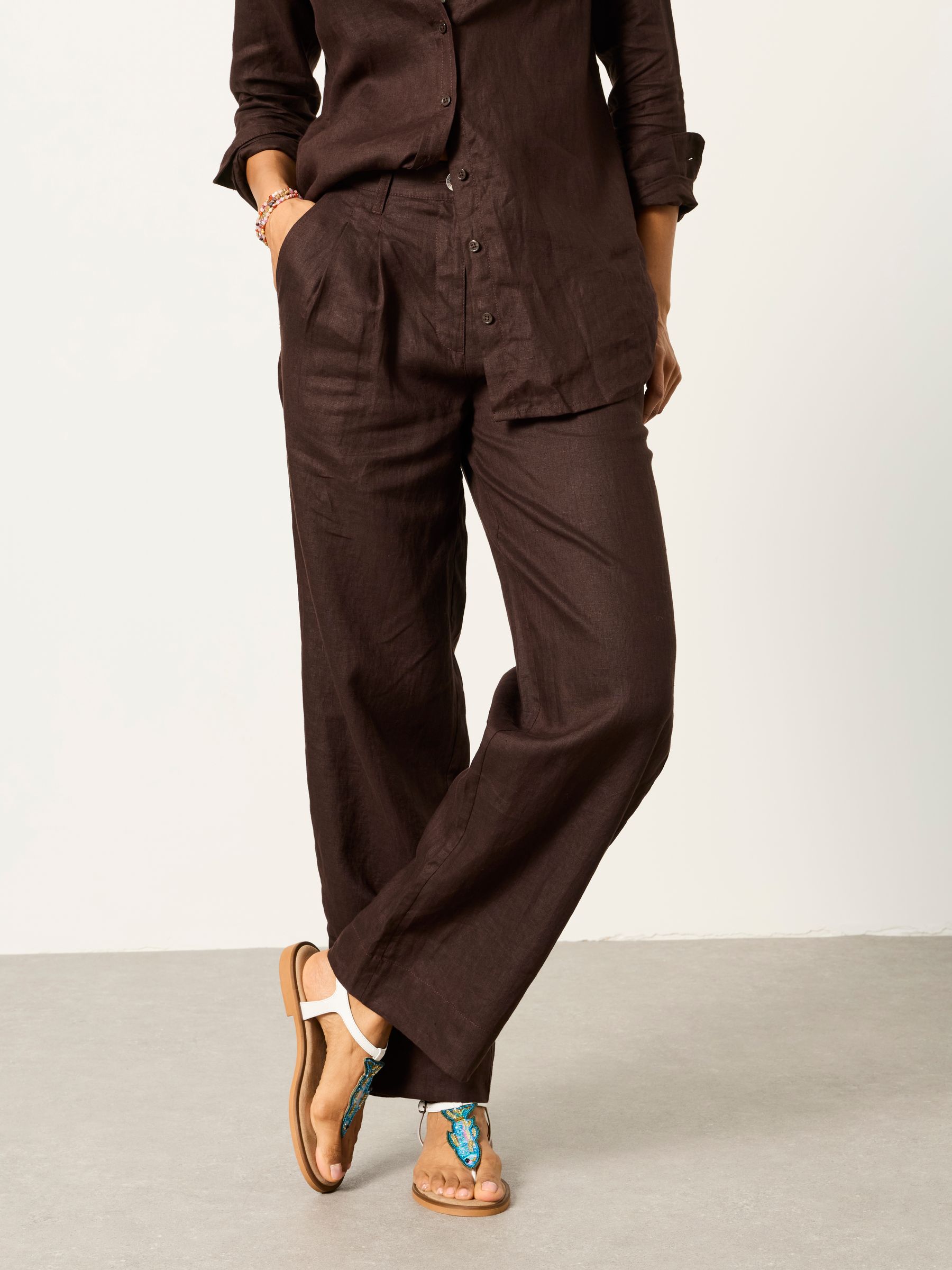 Arie Chocolate Brown Wide Leg Linen Trousers - Image 1 of 6