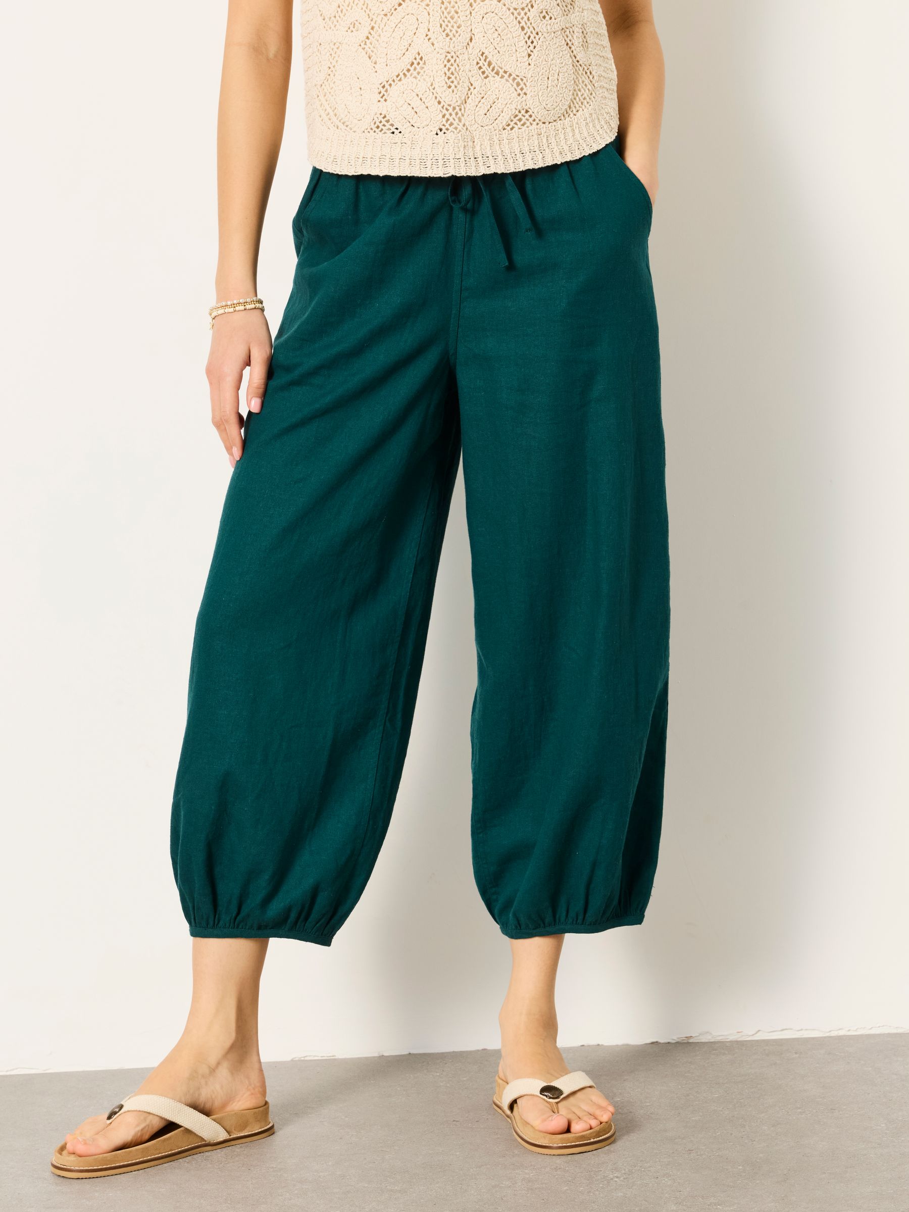 Amelia Teal Blue Linen Wide Leg Cuffed Trousers - Image 1 of 6