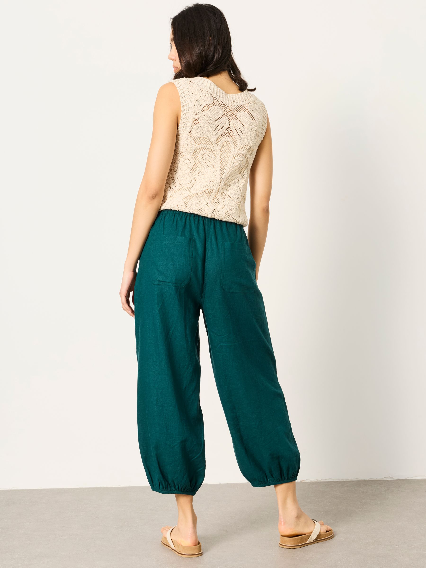 Amelia Teal Blue Linen Wide Leg Cuffed Trousers - Image 2 of 6