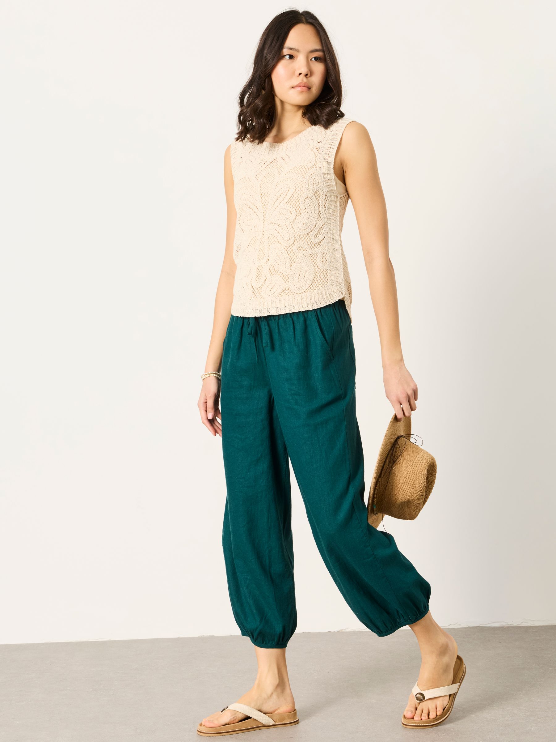 Amelia Teal Blue Linen Wide Leg Cuffed Trousers - Image 3 of 6