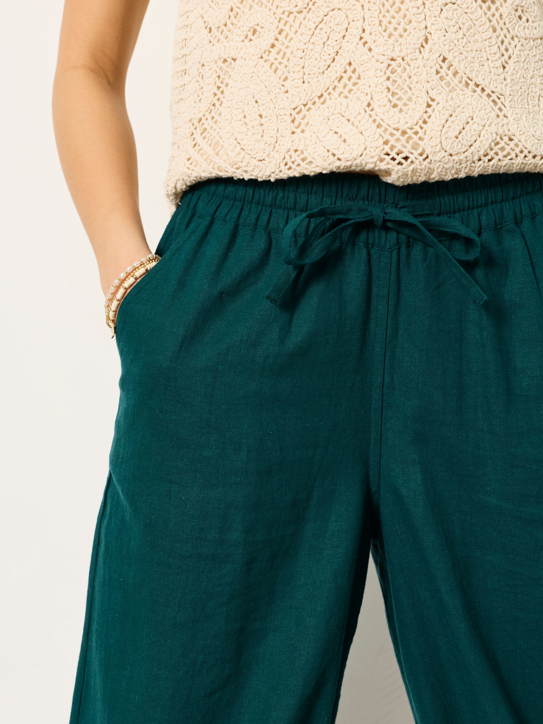 Amelia Teal Blue Linen Wide Leg Cuffed Trousers - Image 5 of 6