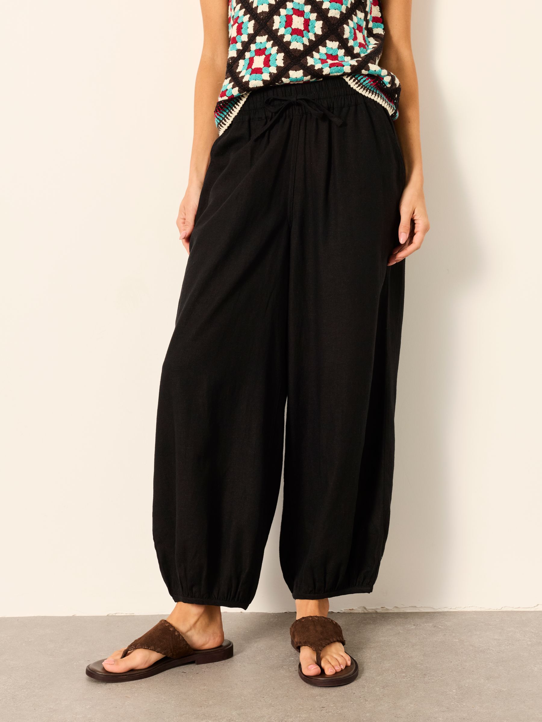 Amelia Black Linen Wide Leg Cuffed Trousers - Image 1 of 6