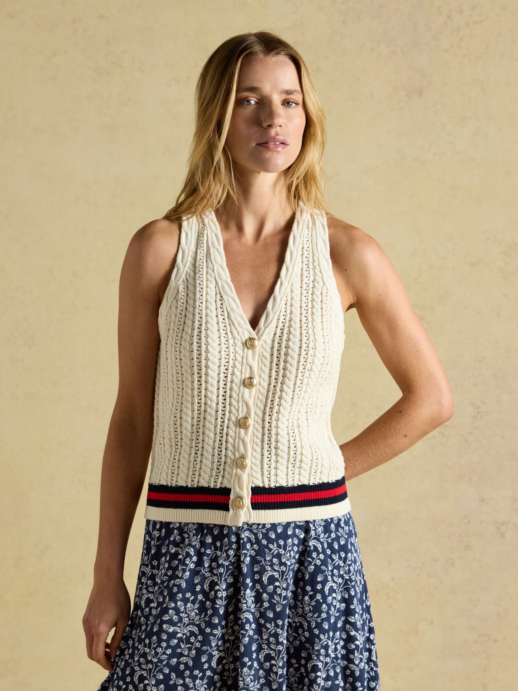 Cream Halter Neck Cotton Cable Knitted Vest - Image 1 of 8
