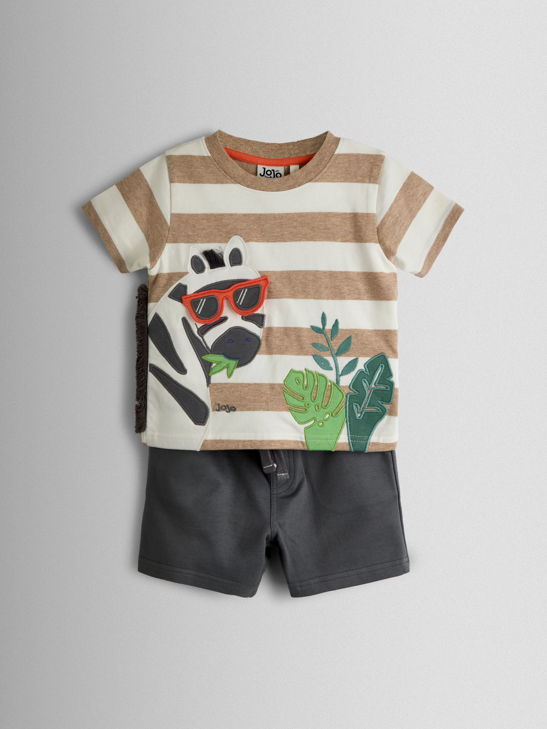 Charcoal Grey Zebra 2-Piece Appliqué T-Shirt & Shorts Set - Image 1 of 7
