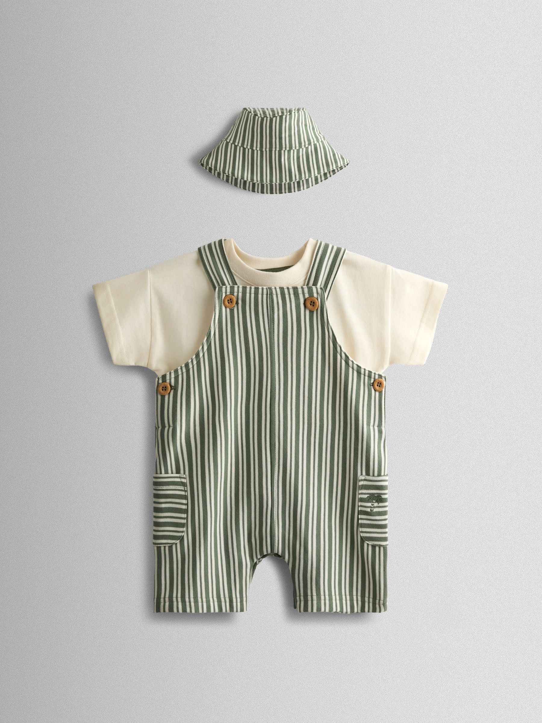 Green 3-Piece Stripe Dungarees & T-Shirt Set with Hat - Image 1 of 8