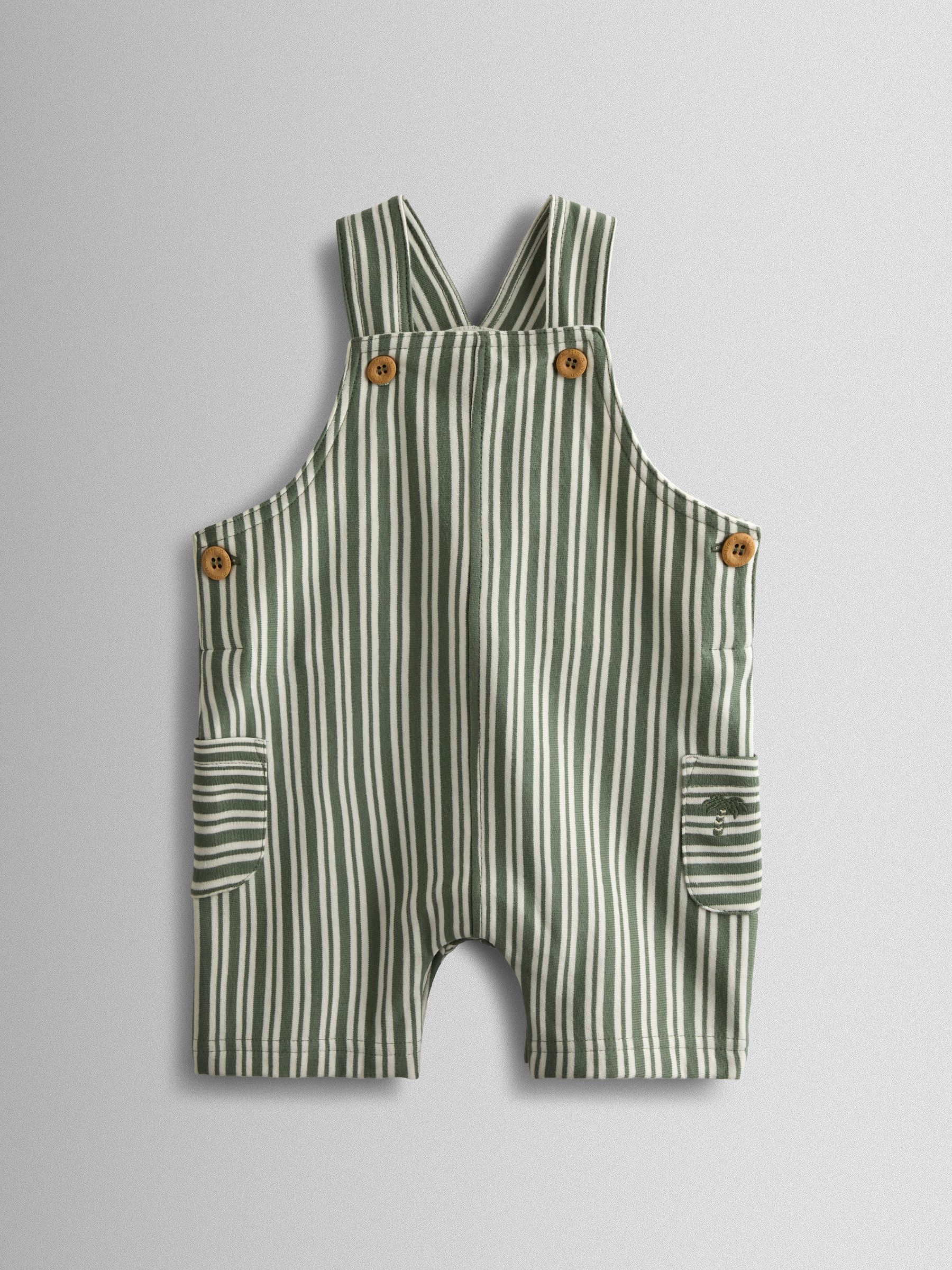 Green 3-Piece Stripe Dungarees & T-Shirt Set with Hat - Image 2 of 8