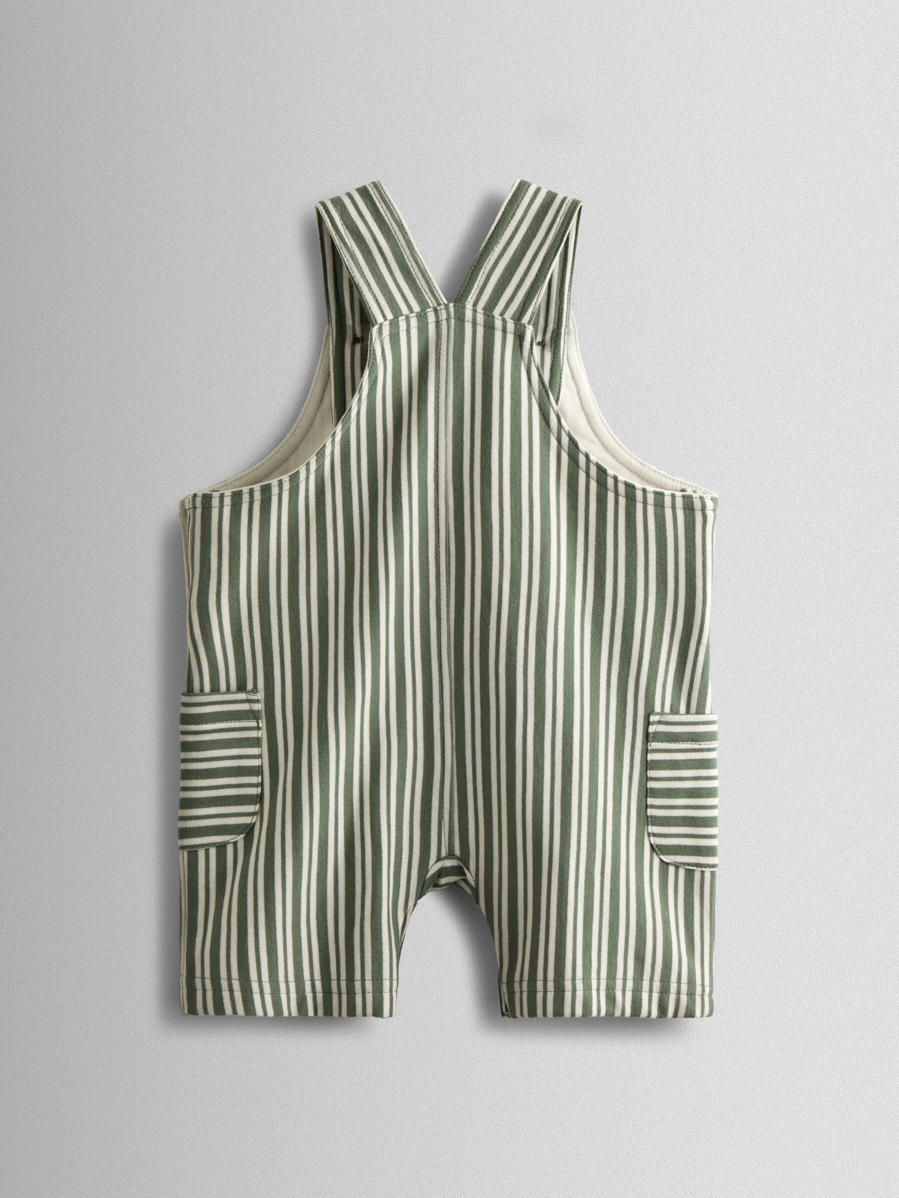 Green 3-Piece Stripe Dungarees & T-Shirt Set with Hat - Image 3 of 8
