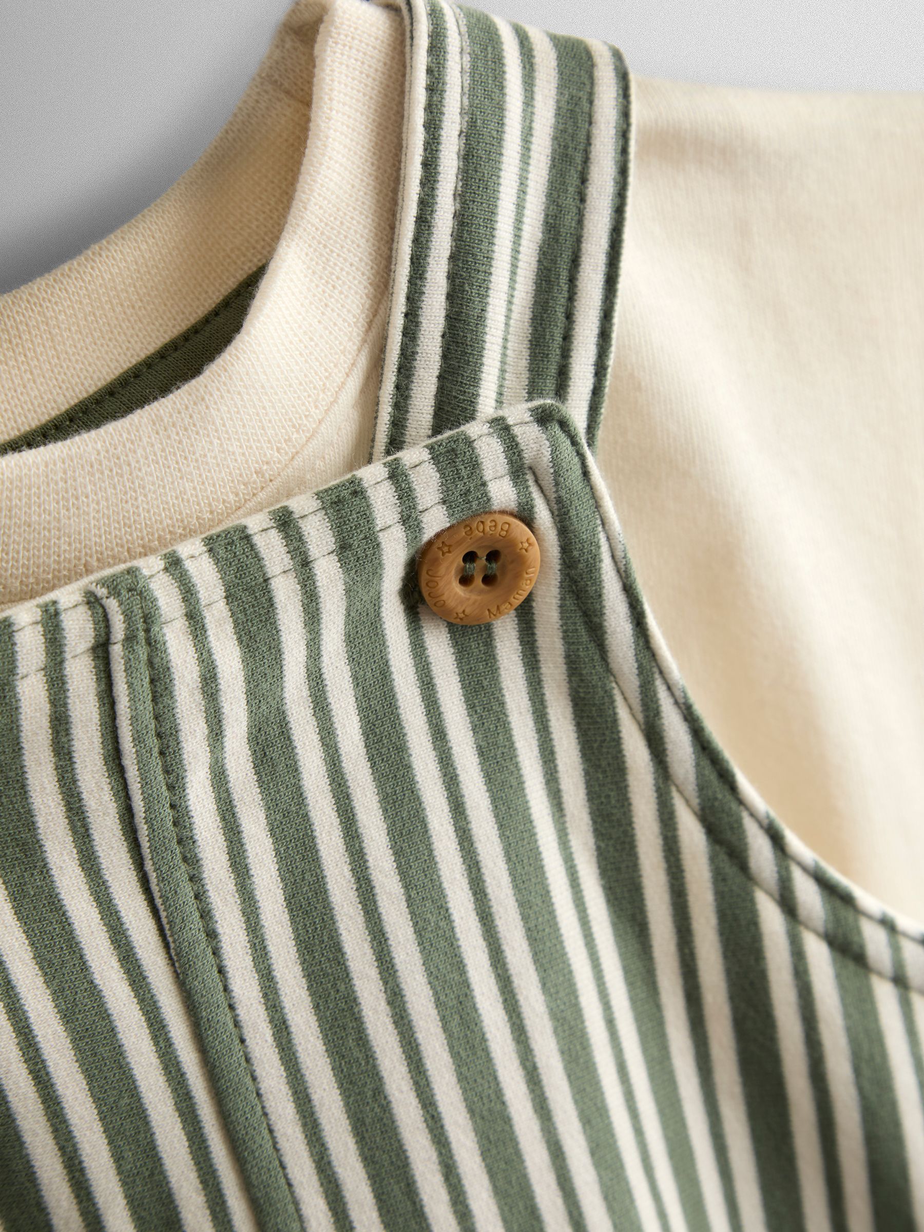 Green 3-Piece Stripe Dungarees & T-Shirt Set with Hat - Image 7 of 8