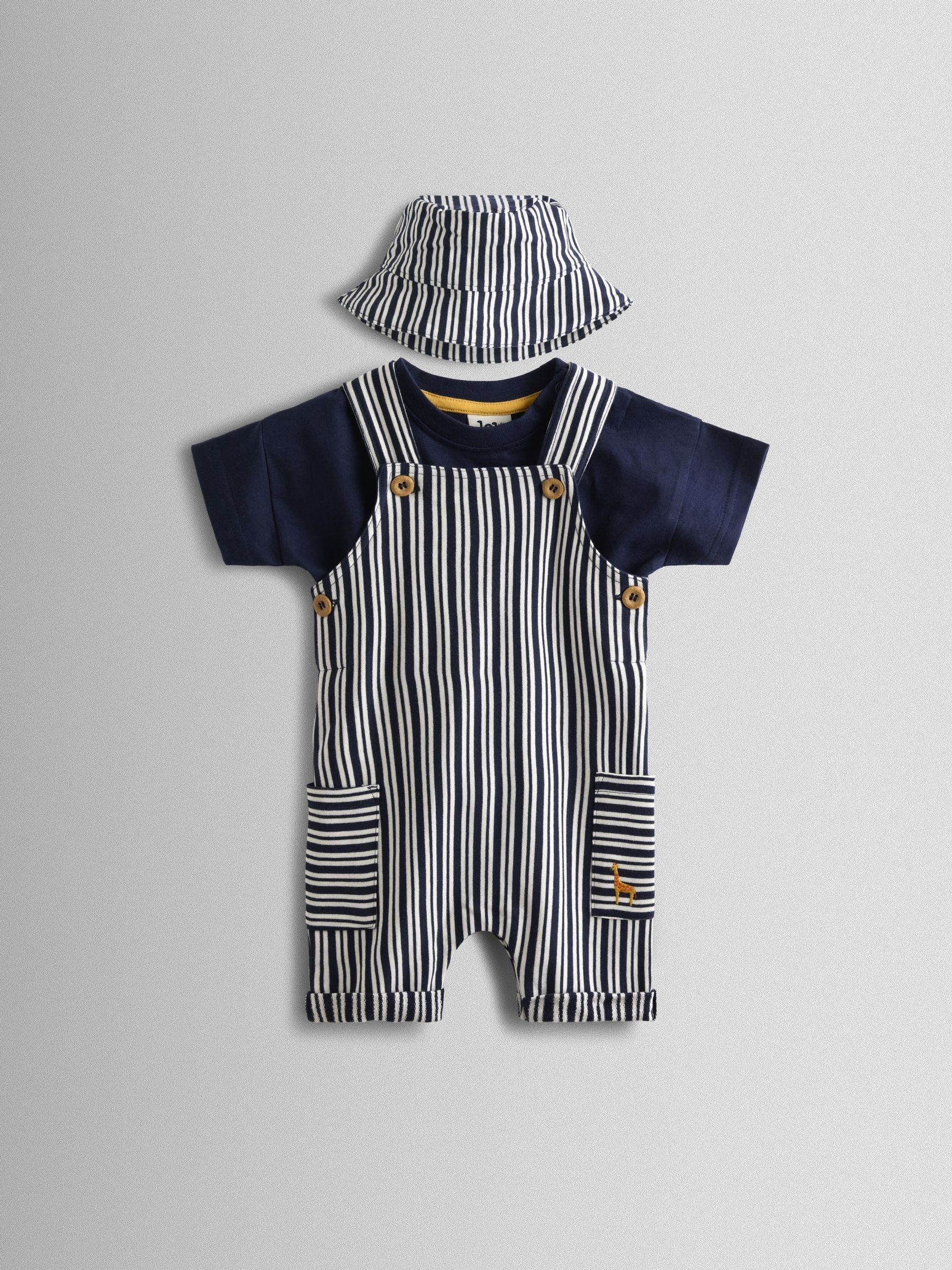 Navy Blue Stripe Dungarees, T-Shirt & Hat 3-Piece Set - Image 1 of 8 Navy Blue Stripe Dungarees, T-Shirt & Hat 3-Piece Set - Image 1 of 8